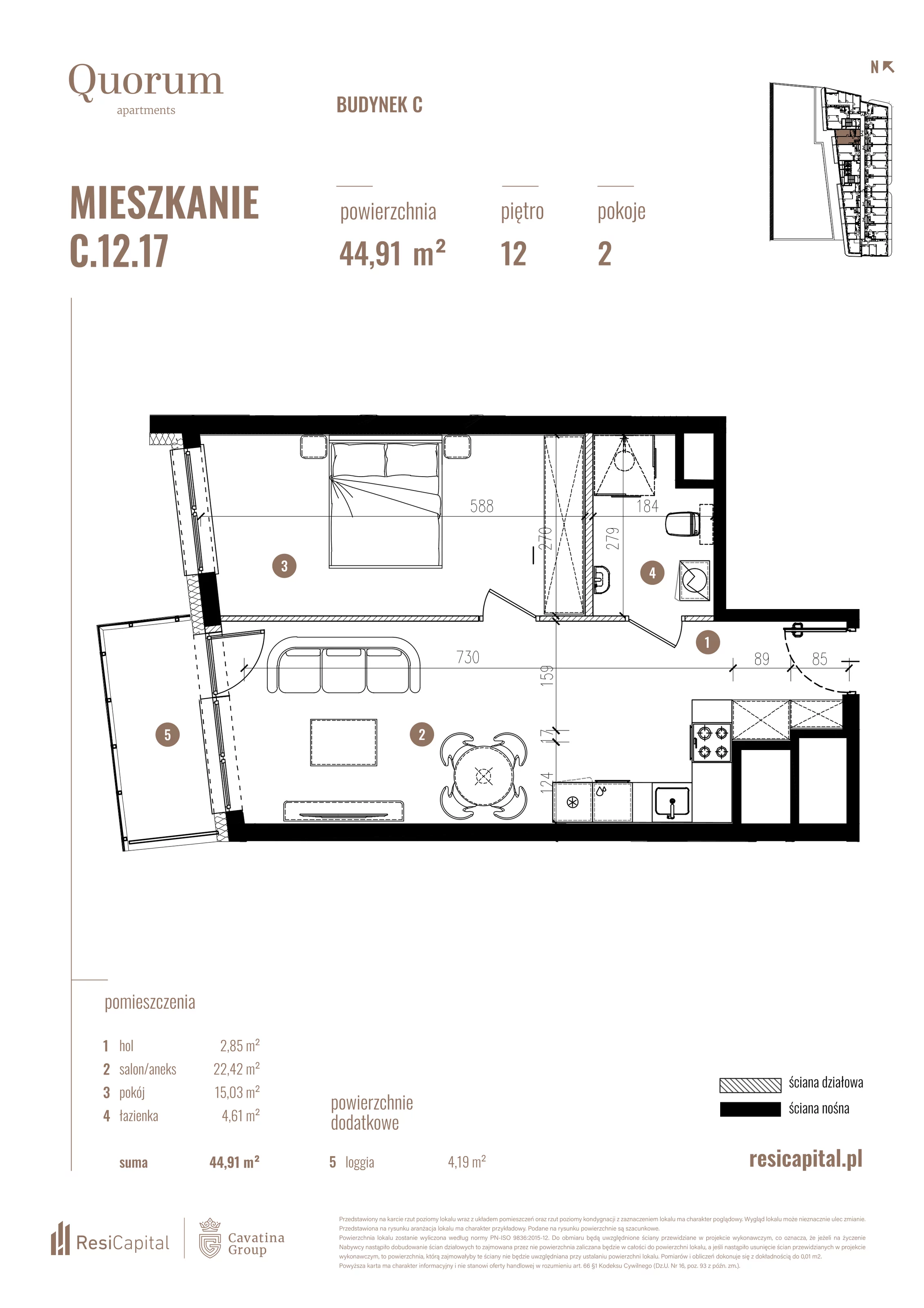 Mieszkanie 44,91 m², piętro 12, oferta nr C.12.17, Quorum Apartments, Wrocław, Szczepin, ul. Gen. Władysława Sikorskiego 13