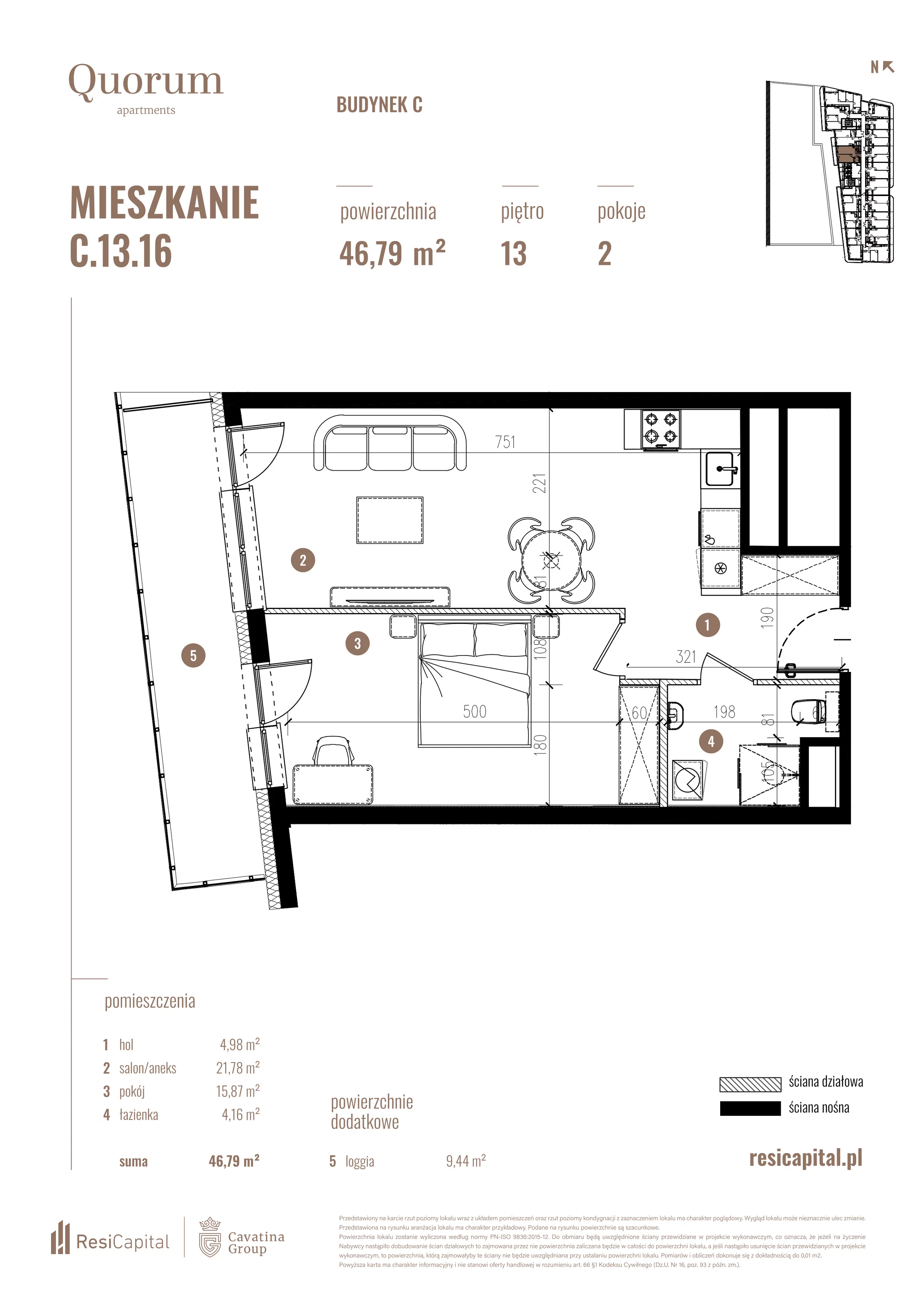 Mieszkanie 46,79 m², piętro 13, oferta nr C.13.16, Quorum Apartments, Wrocław, Szczepin, ul. Gen. Władysława Sikorskiego 13