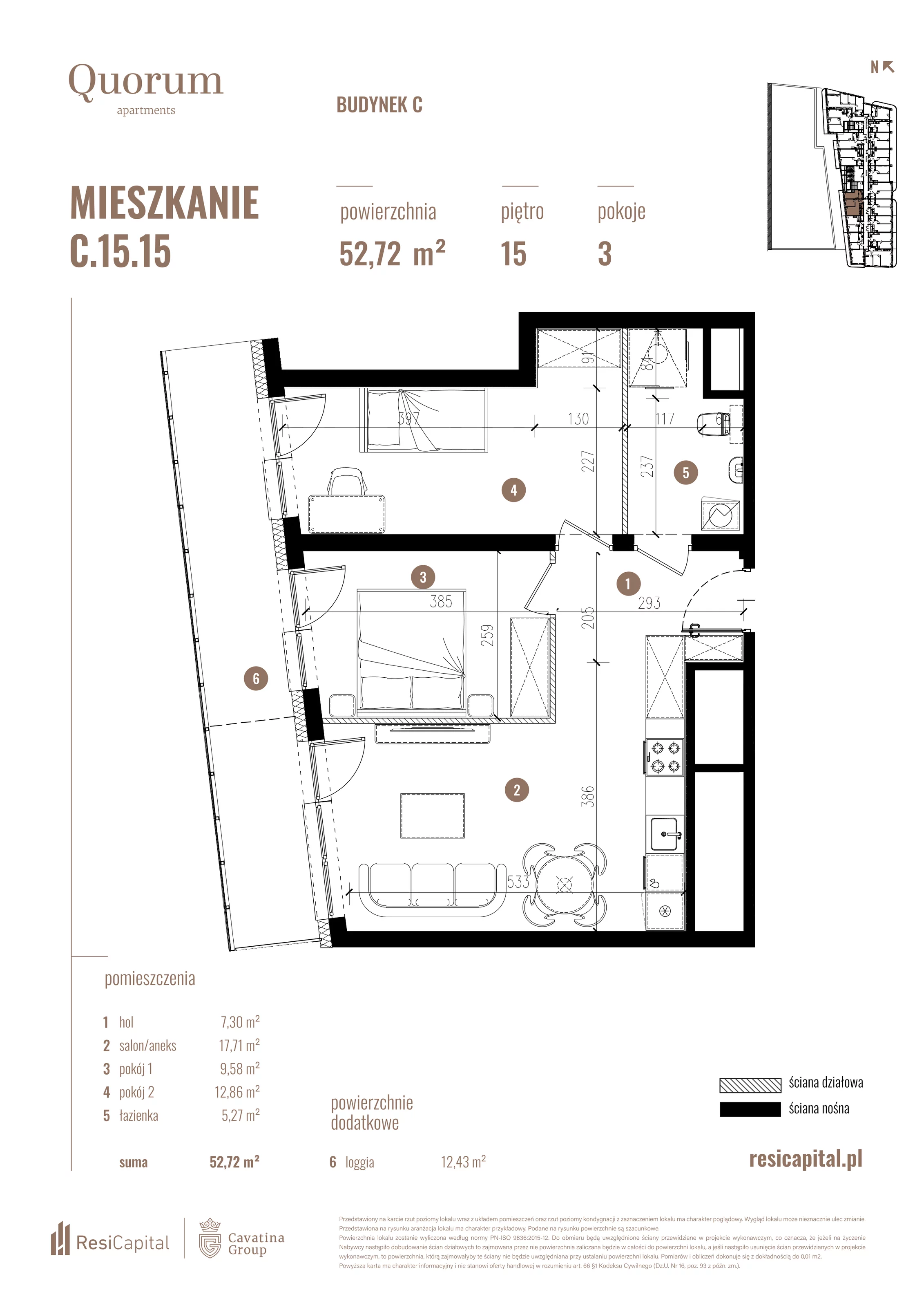 3 pokoje, mieszkanie 52,72 m², piętro 15, oferta nr C.15.15, Quorum Apartments, Wrocław, Szczepin, ul. Gen. Władysława Sikorskiego 13