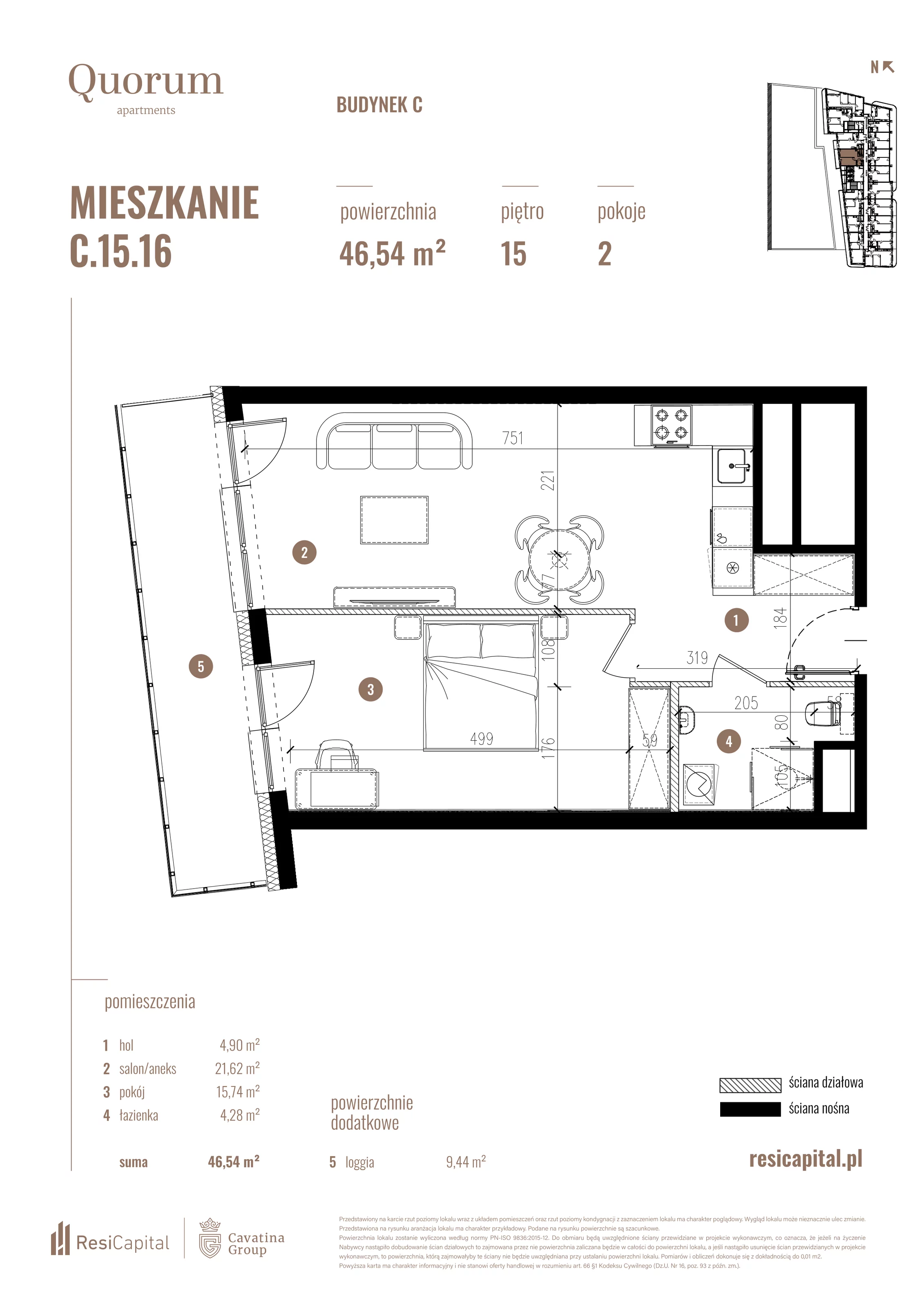 Mieszkanie 46,54 m², piętro 15, oferta nr C.15.16, Quorum Apartments, Wrocław, Szczepin, ul. Gen. Władysława Sikorskiego 13