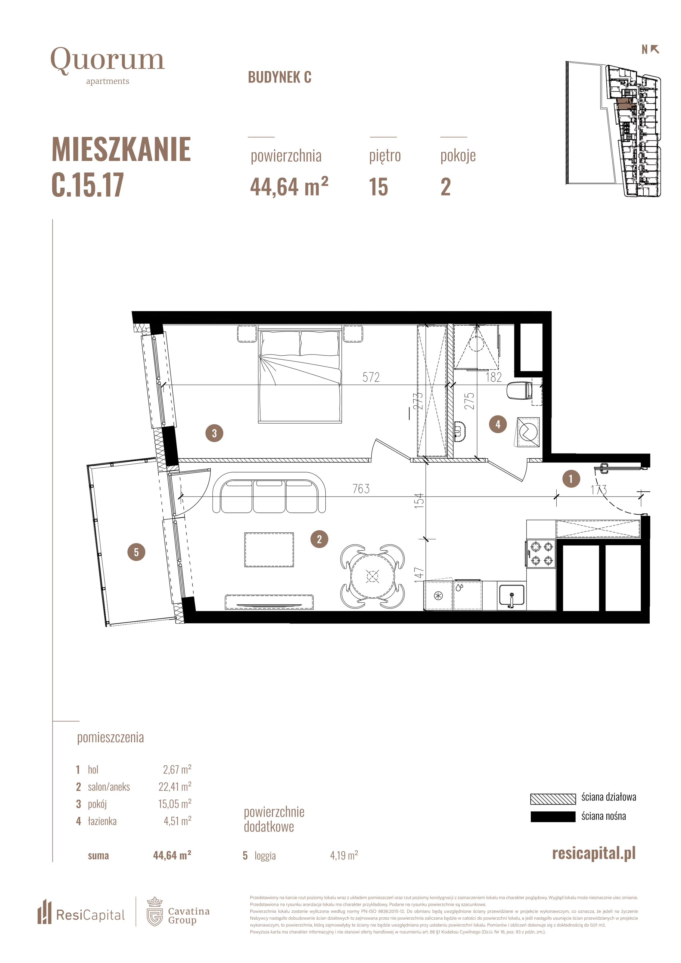 Mieszkanie 44,64 m², piętro 15, oferta nr C.15.17, Quorum Apartments, Wrocław, Szczepin, ul. Gen. Władysława Sikorskiego 13