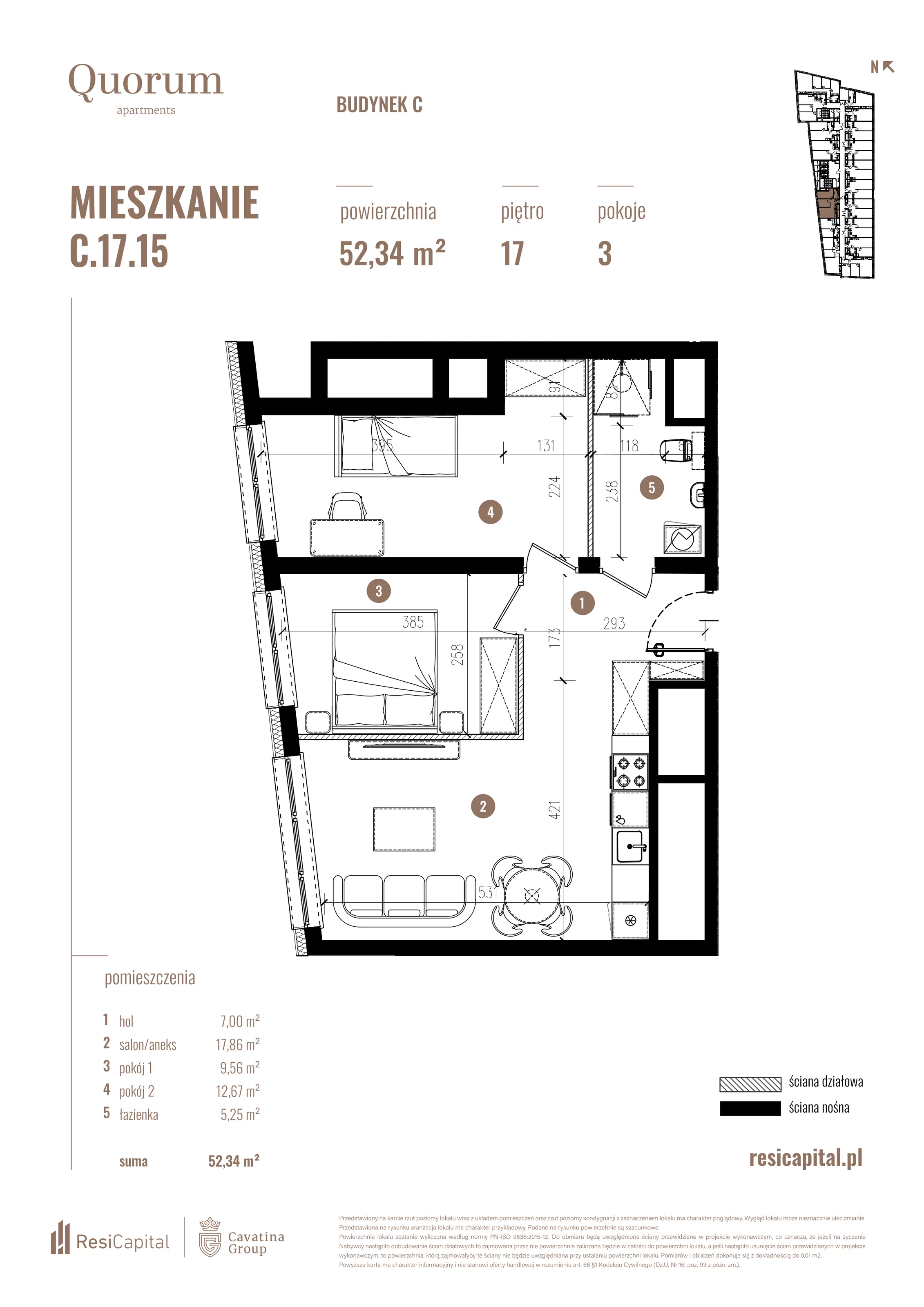 3 pokoje, mieszkanie 52,34 m², piętro 17, oferta nr C.17.15, Quorum Apartments, Wrocław, Szczepin, ul. Gen. Władysława Sikorskiego 13