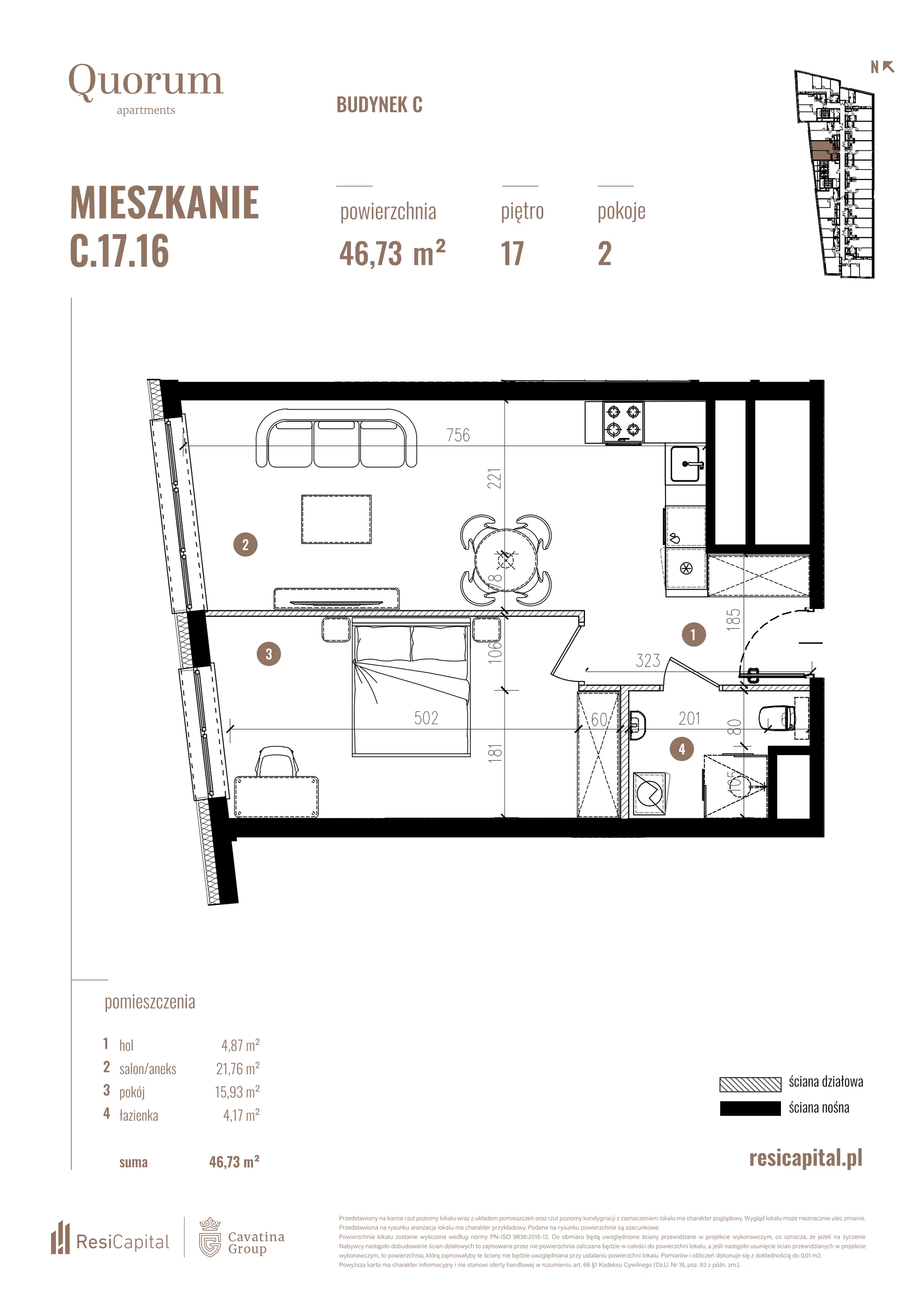 Mieszkanie 46,73 m², piętro 17, oferta nr C.17.16, Quorum Apartments, Wrocław, Szczepin, ul. Gen. Władysława Sikorskiego 13