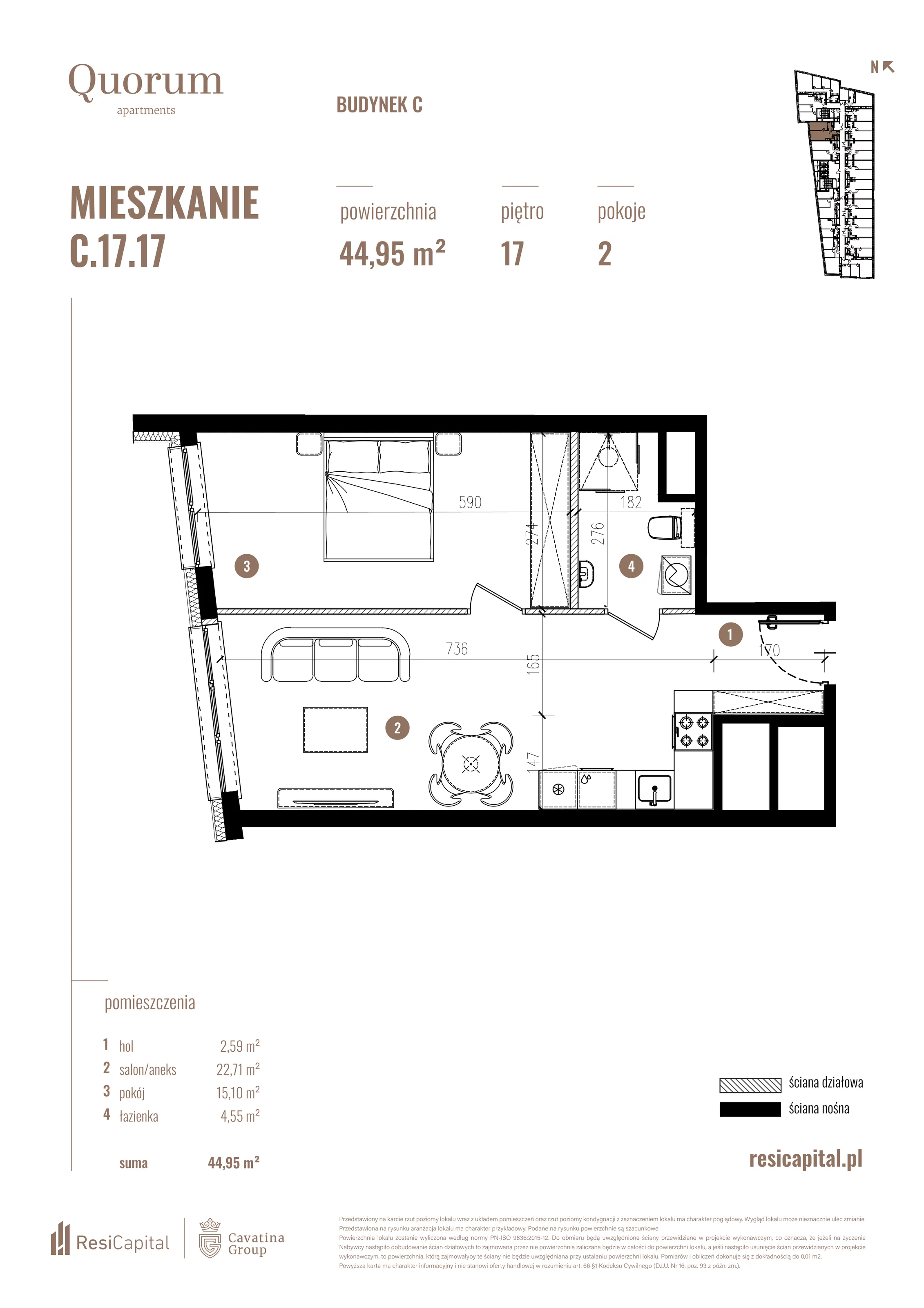 Mieszkanie 44,95 m², piętro 17, oferta nr C.17.17, Quorum Apartments, Wrocław, Szczepin, ul. Gen. Władysława Sikorskiego 13