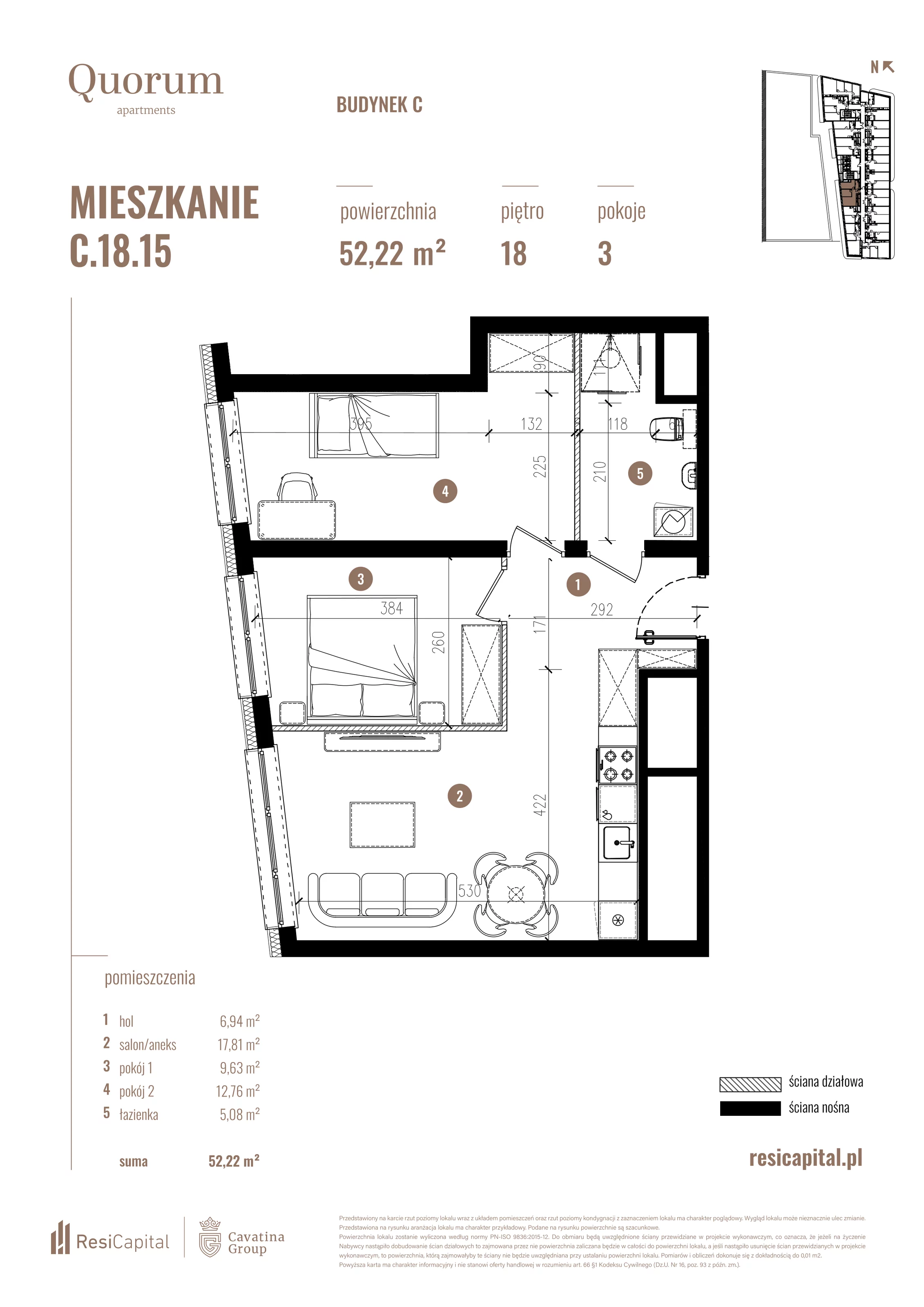 3 pokoje, mieszkanie 52,22 m², piętro 18, oferta nr C.18.15, Quorum Apartments, Wrocław, Szczepin, ul. Gen. Władysława Sikorskiego 13