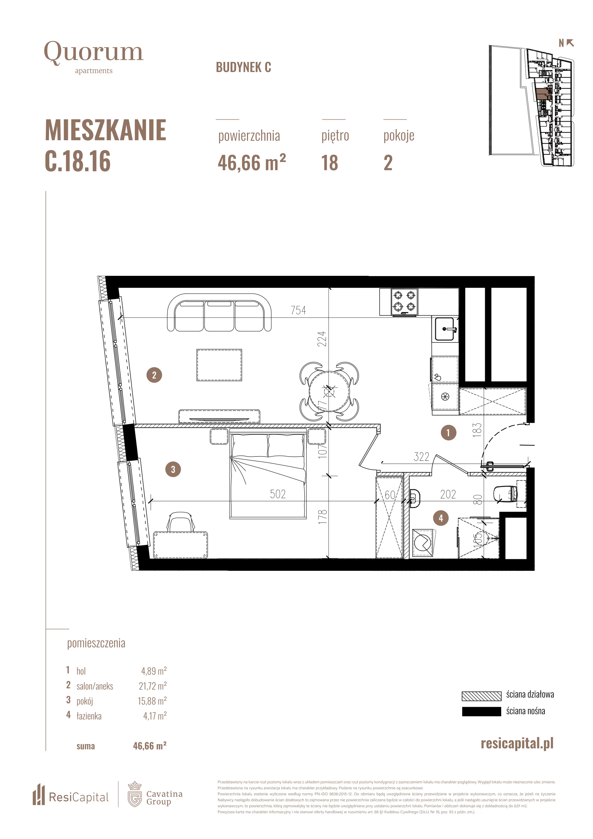 Mieszkanie 46,66 m², piętro 18, oferta nr C.18.16, Quorum Apartments, Wrocław, Szczepin, ul. Gen. Władysława Sikorskiego 13