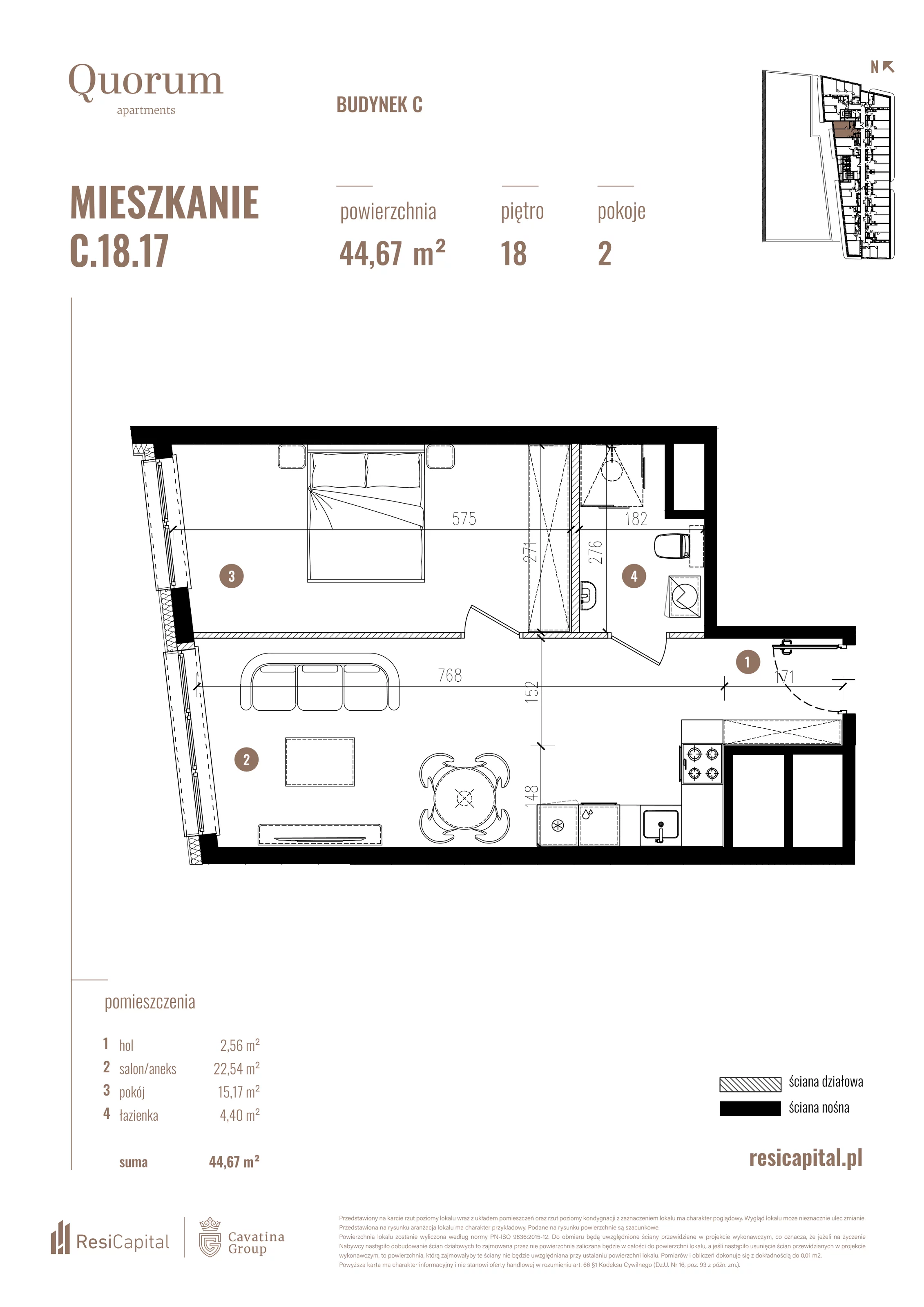 Mieszkanie 44,67 m², piętro 18, oferta nr C.18.17, Quorum Apartments, Wrocław, Szczepin, ul. Gen. Władysława Sikorskiego 13