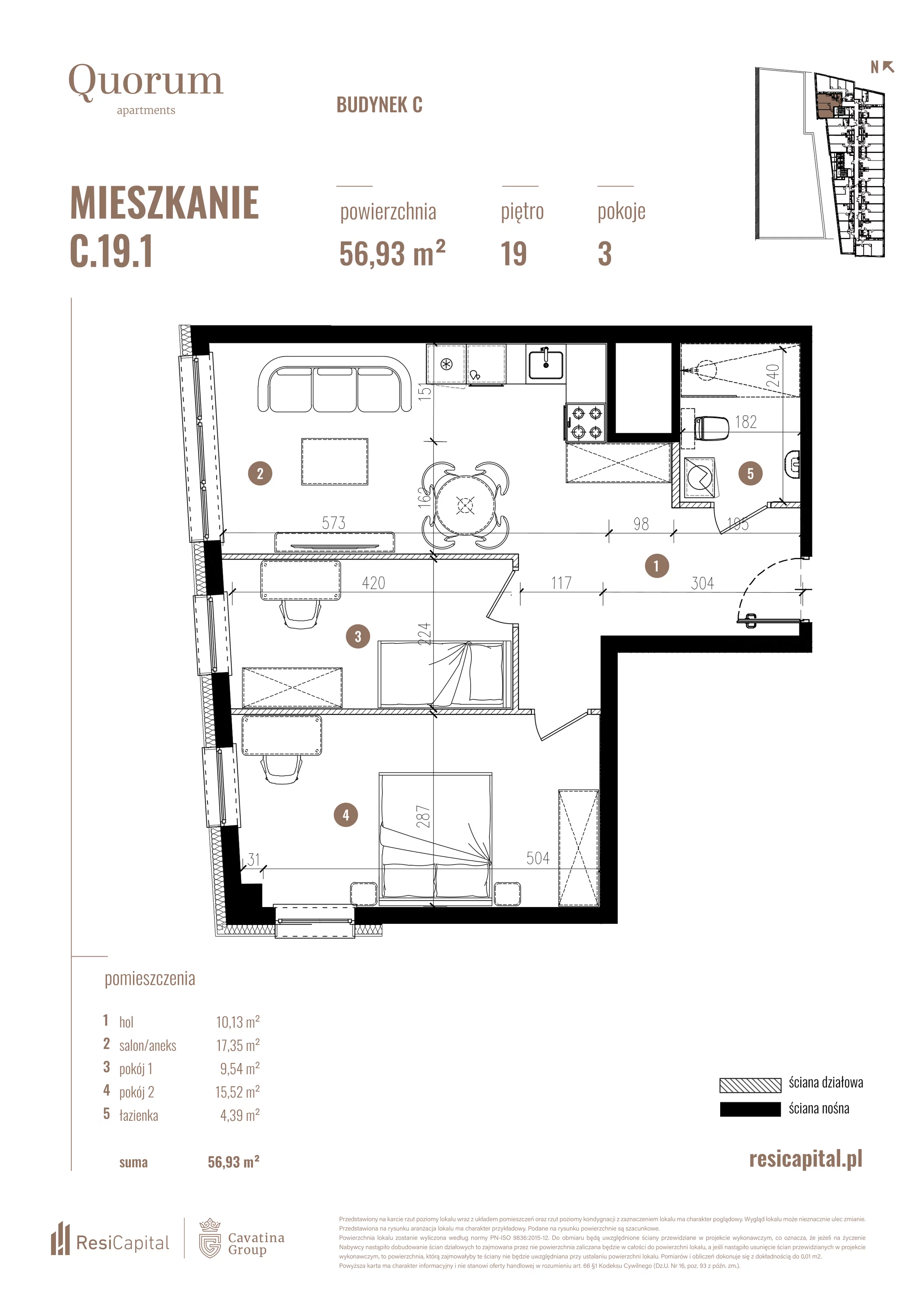 3 pokoje, mieszkanie 56,93 m², piętro 19, oferta nr C.19.1, Quorum Apartments, Wrocław, Szczepin, ul. Gen. Władysława Sikorskiego 13