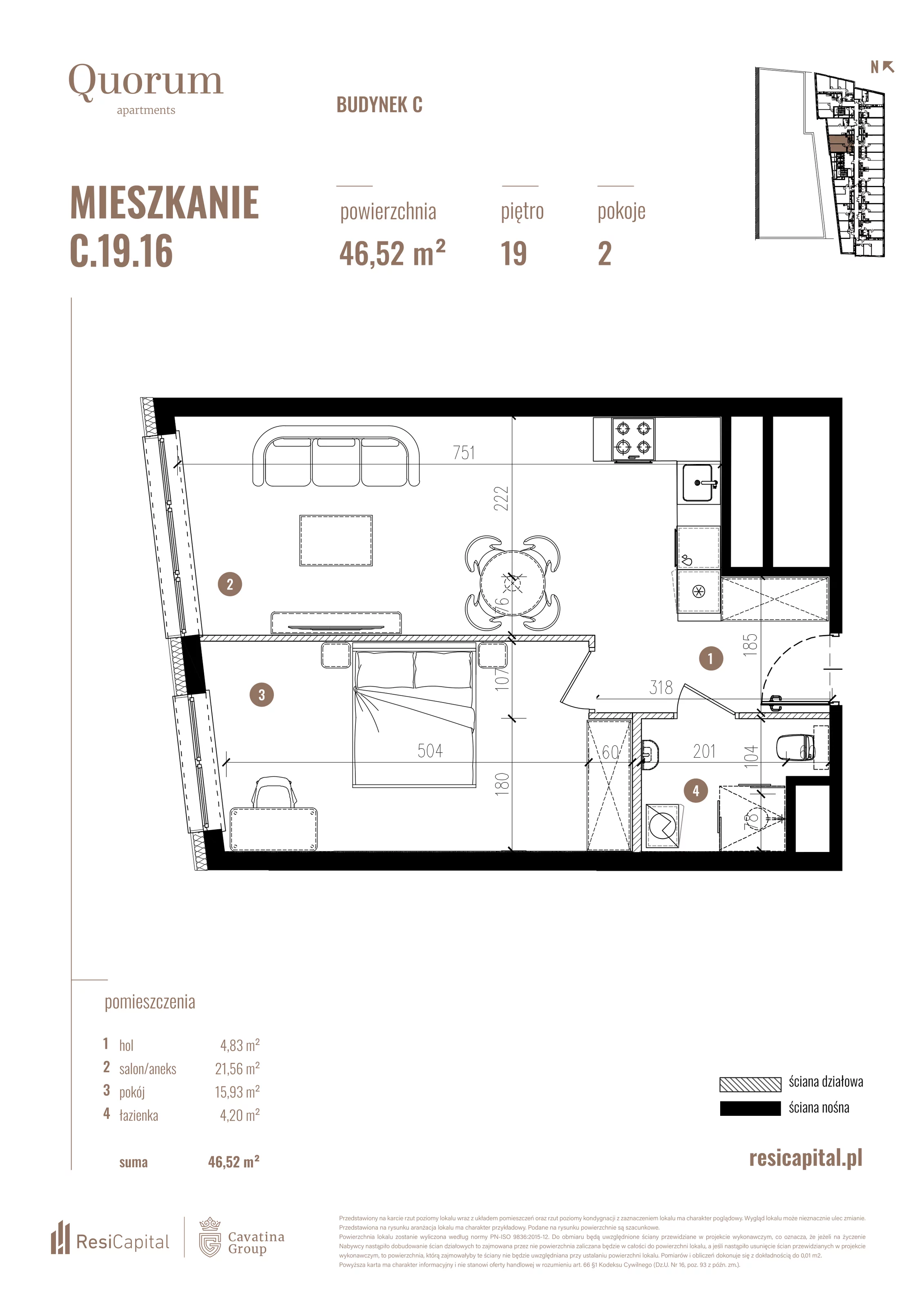 Mieszkanie 46,52 m², piętro 19, oferta nr C.19.16, Quorum Apartments, Wrocław, Szczepin, ul. Gen. Władysława Sikorskiego 13