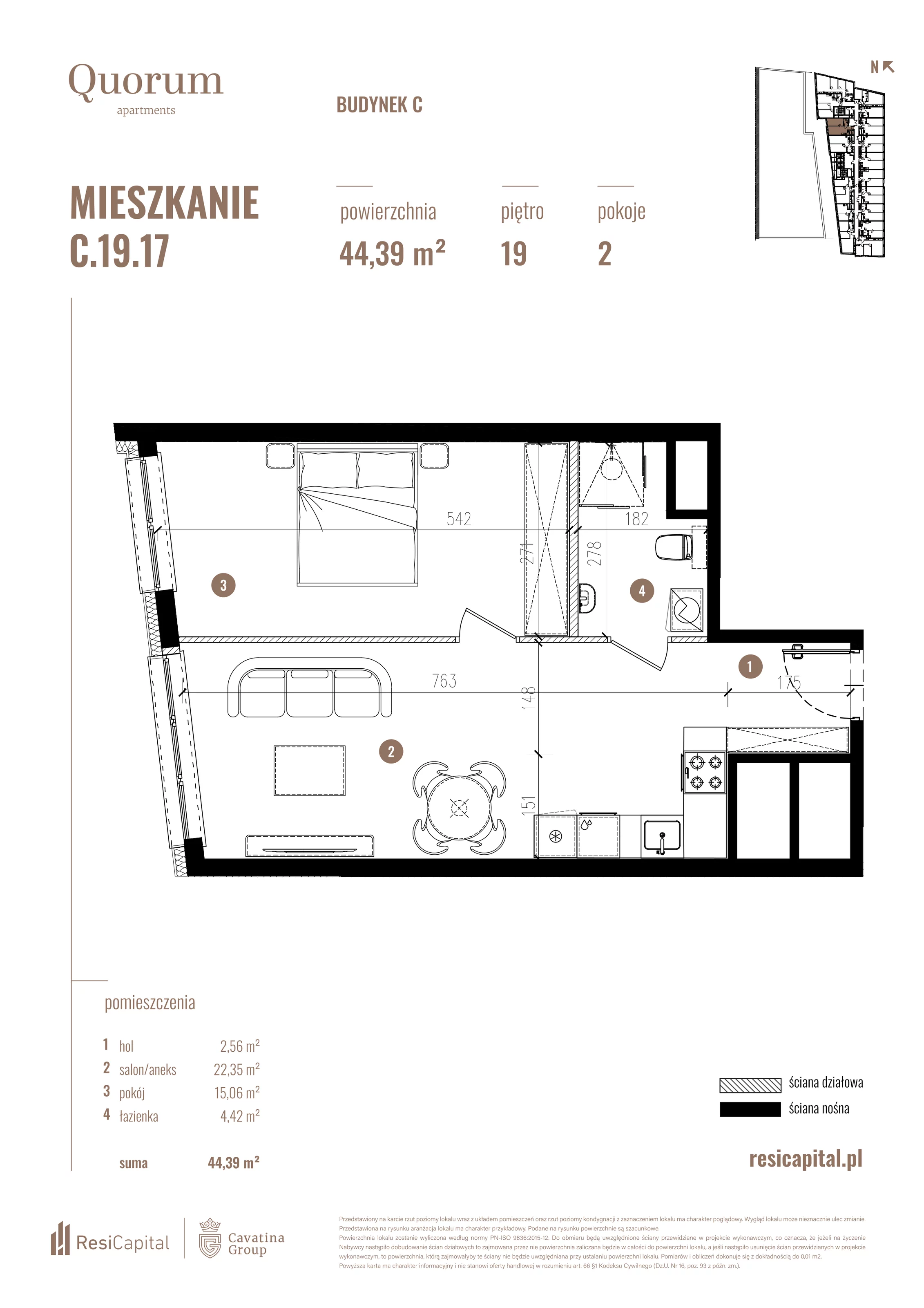 Mieszkanie 44,39 m², piętro 19, oferta nr C.19.17, Quorum Apartments, Wrocław, Szczepin, ul. Gen. Władysława Sikorskiego 13