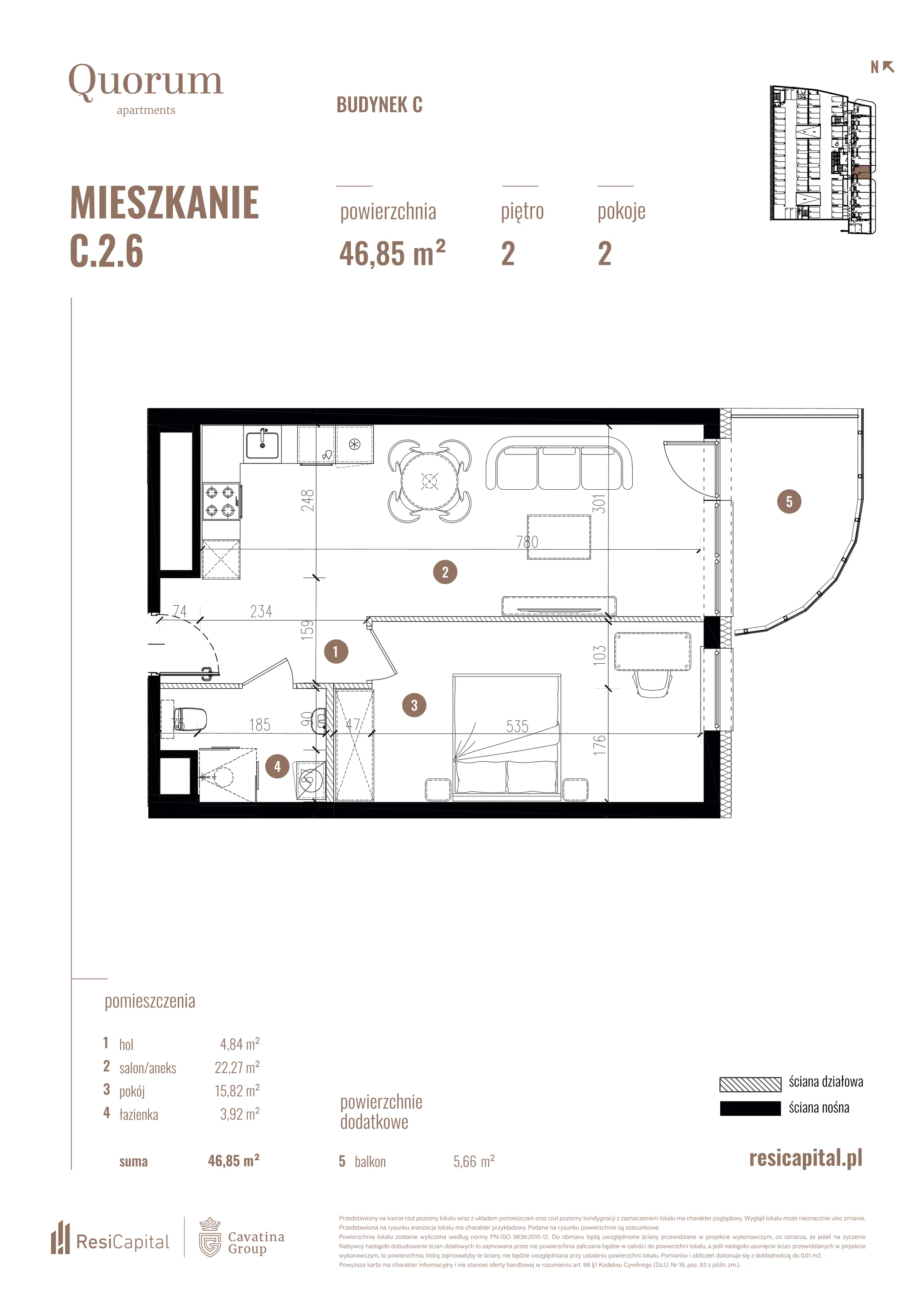 Mieszkanie 46,85 m², piętro 2, oferta nr C.2.6, Quorum Apartments, Wrocław, Szczepin, ul. Gen. Władysława Sikorskiego 13