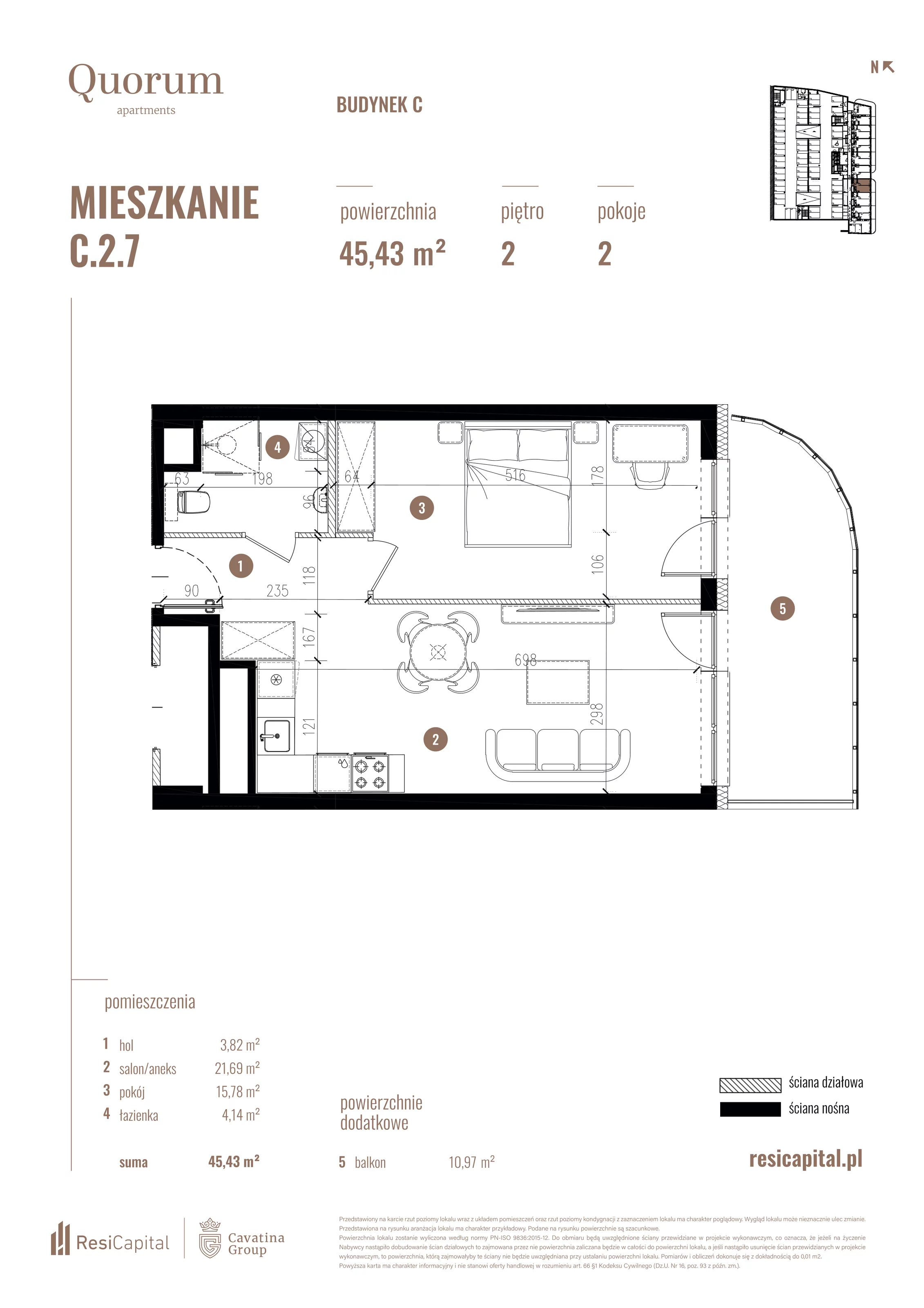 Mieszkanie 45,43 m², piętro 2, oferta nr C.2.7, Quorum Apartments, Wrocław, Szczepin, ul. Gen. Władysława Sikorskiego 13