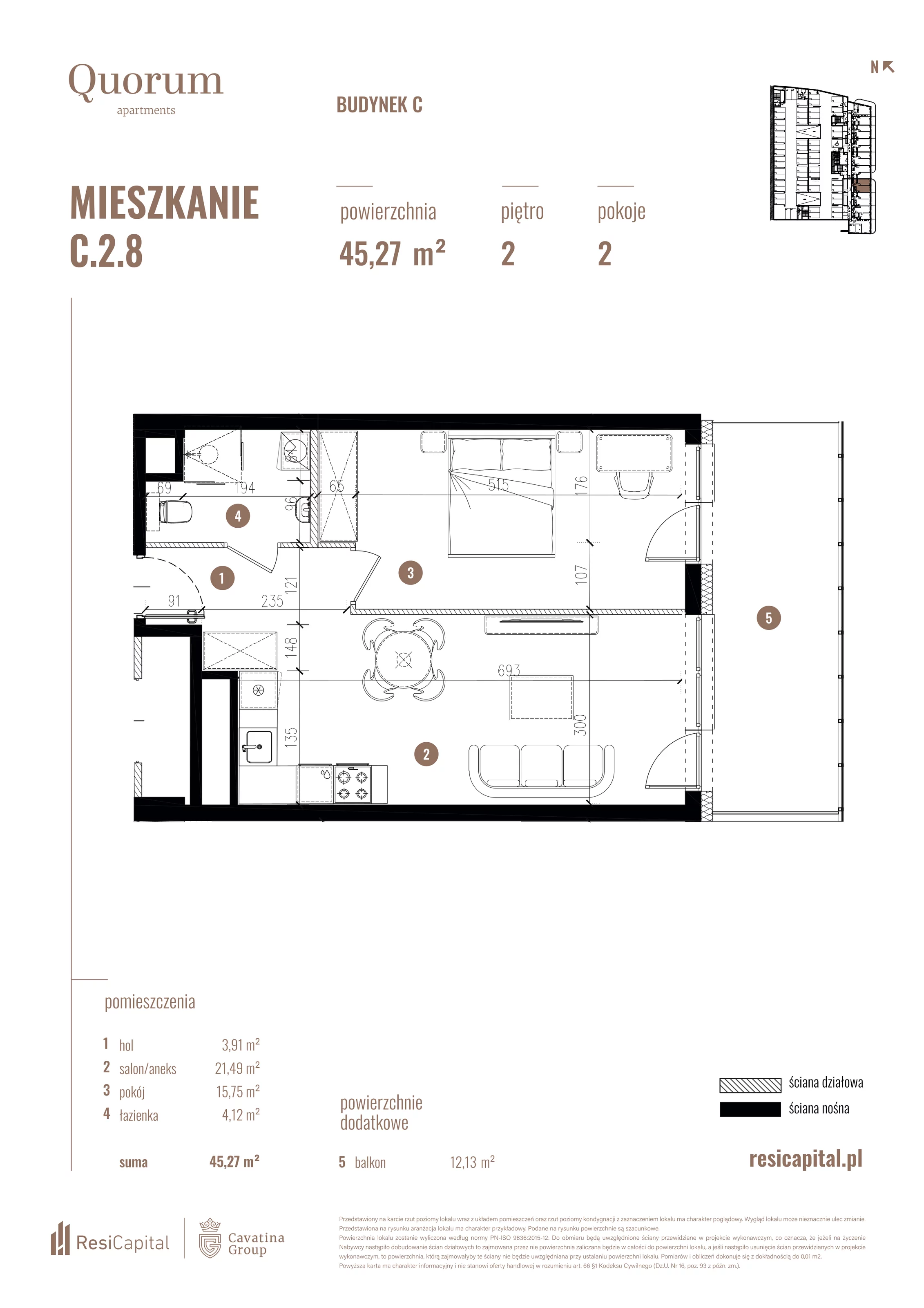 Mieszkanie 45,27 m², piętro 2, oferta nr C.2.8, Quorum Apartments, Wrocław, Szczepin, ul. Gen. Władysława Sikorskiego 13