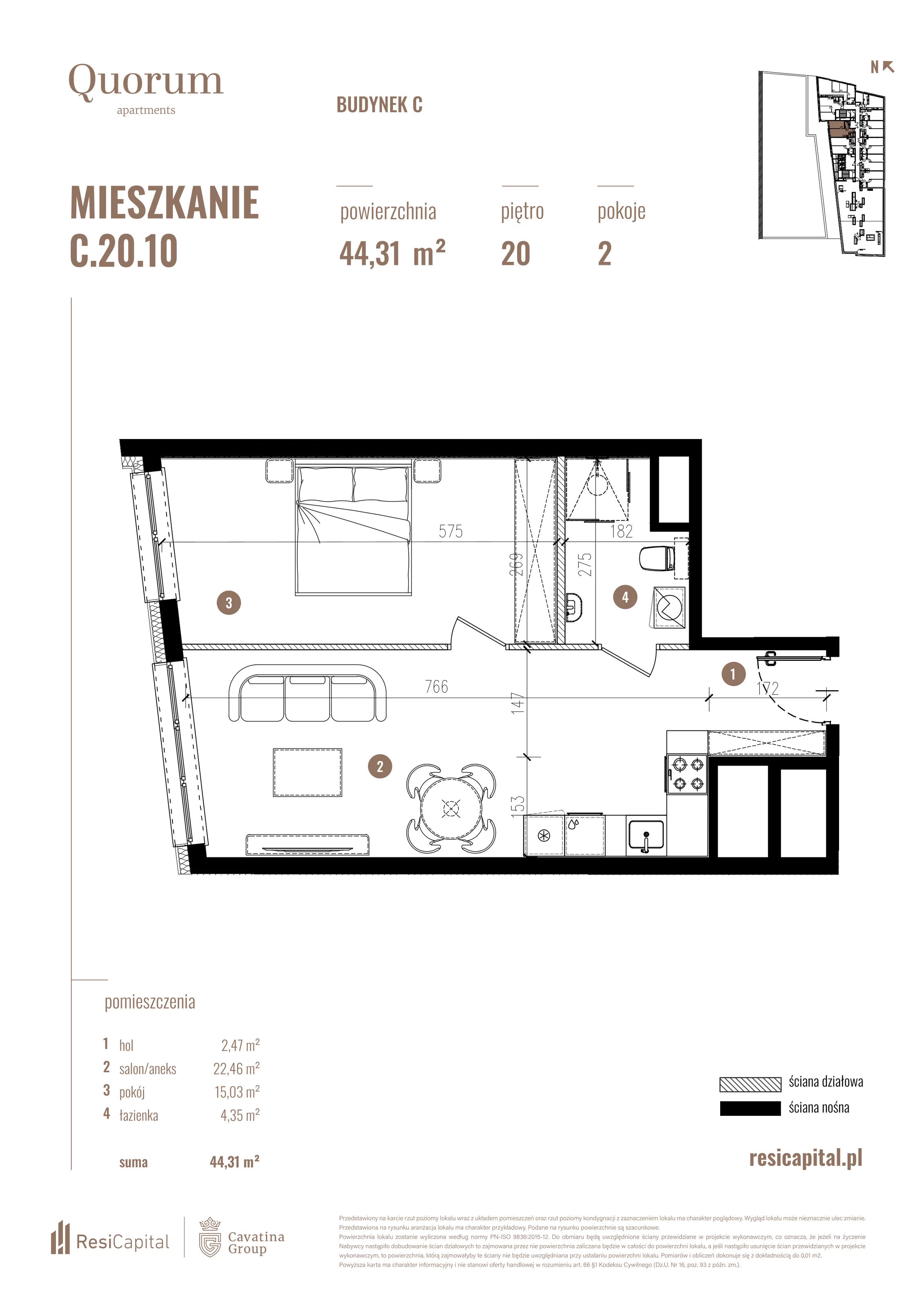 Mieszkanie 44,31 m², piętro 20, oferta nr C.20.10, Quorum Apartments, Wrocław, Szczepin, ul. Gen. Władysława Sikorskiego 13