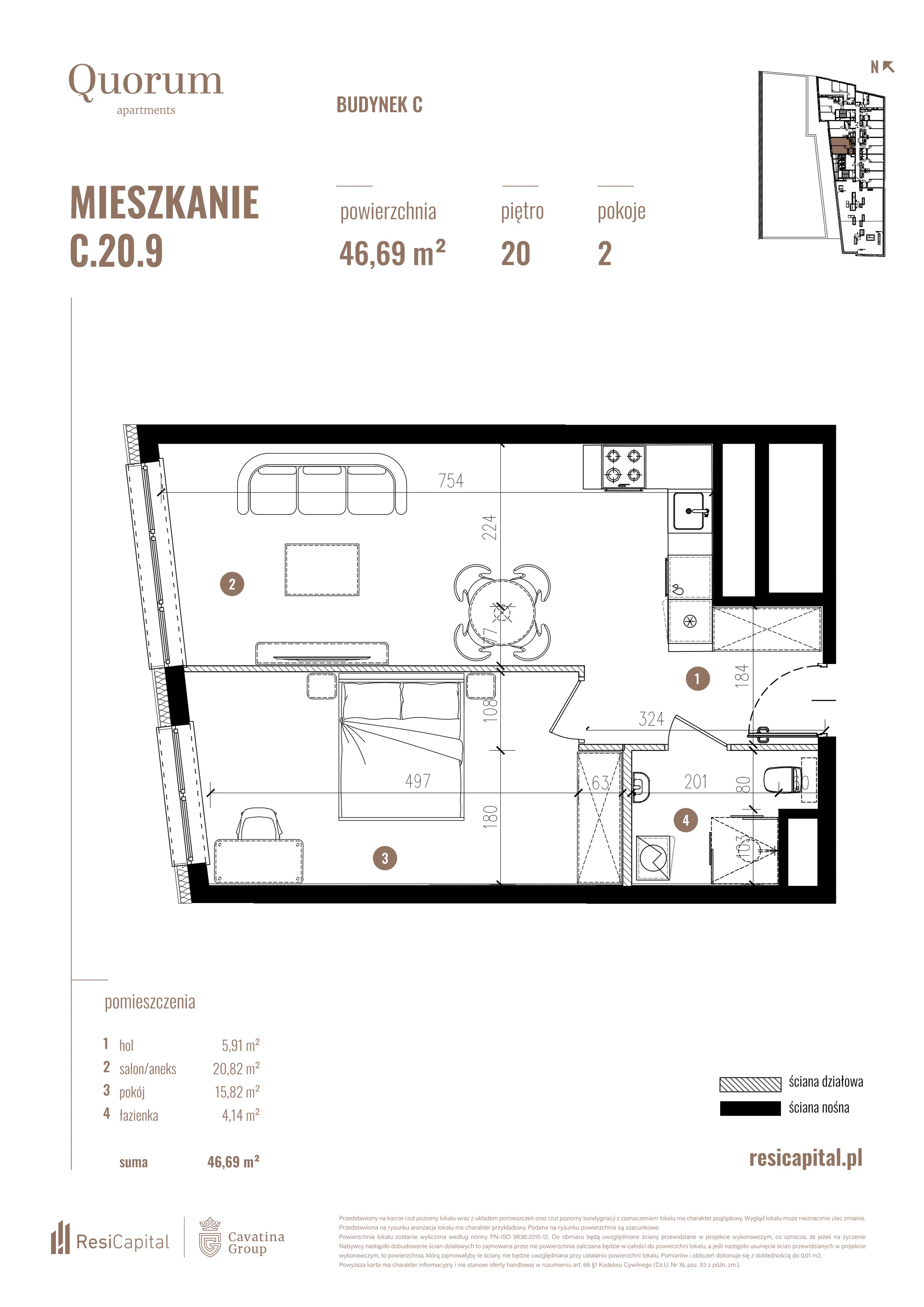 Mieszkanie 46,69 m², piętro 20, oferta nr C.20.9, Quorum Apartments, Wrocław, Szczepin, ul. Gen. Władysława Sikorskiego 13