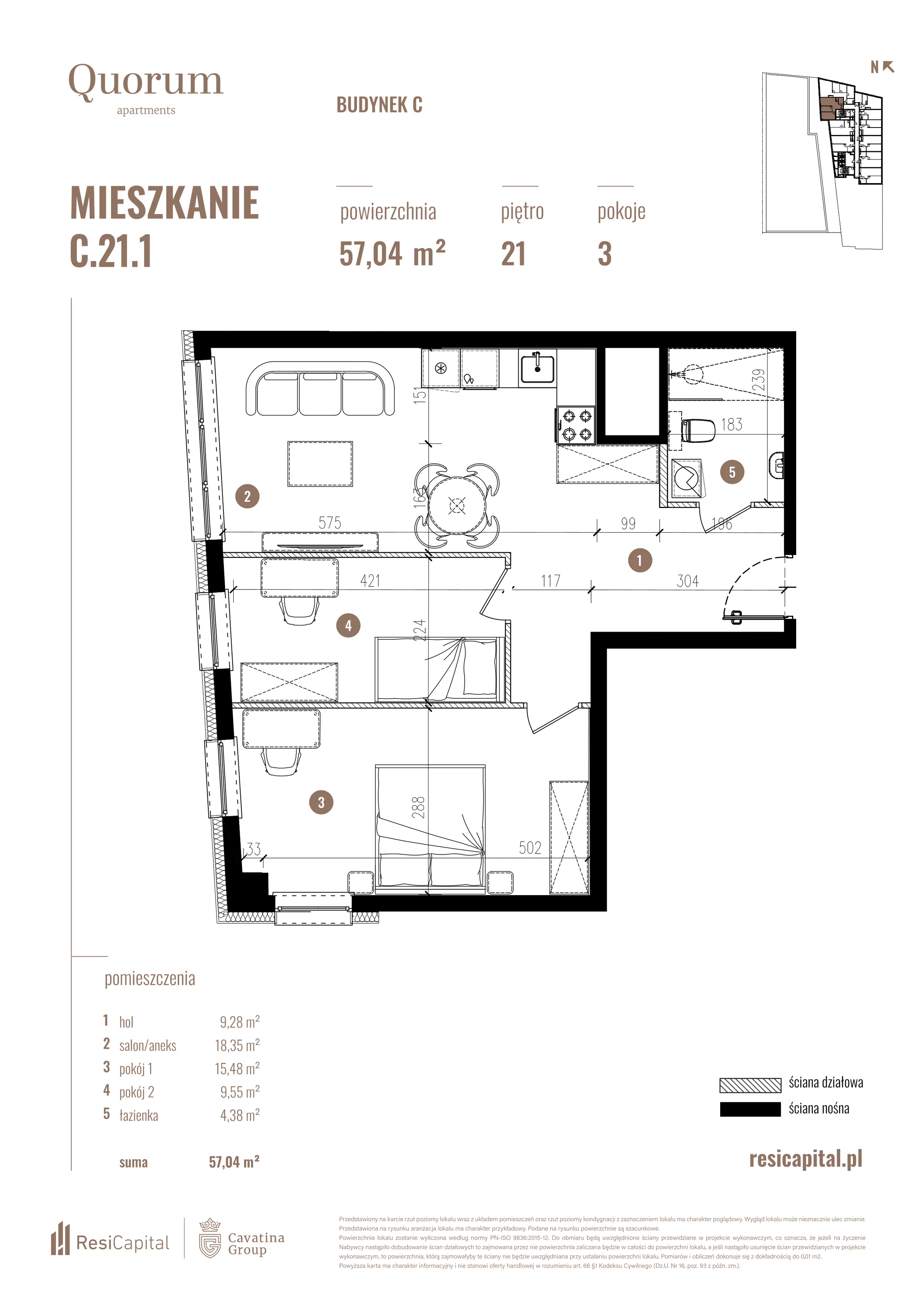 3 pokoje, mieszkanie 57,04 m², piętro 21, oferta nr C.21.1, Quorum Apartments, Wrocław, Szczepin, ul. Gen. Władysława Sikorskiego 13