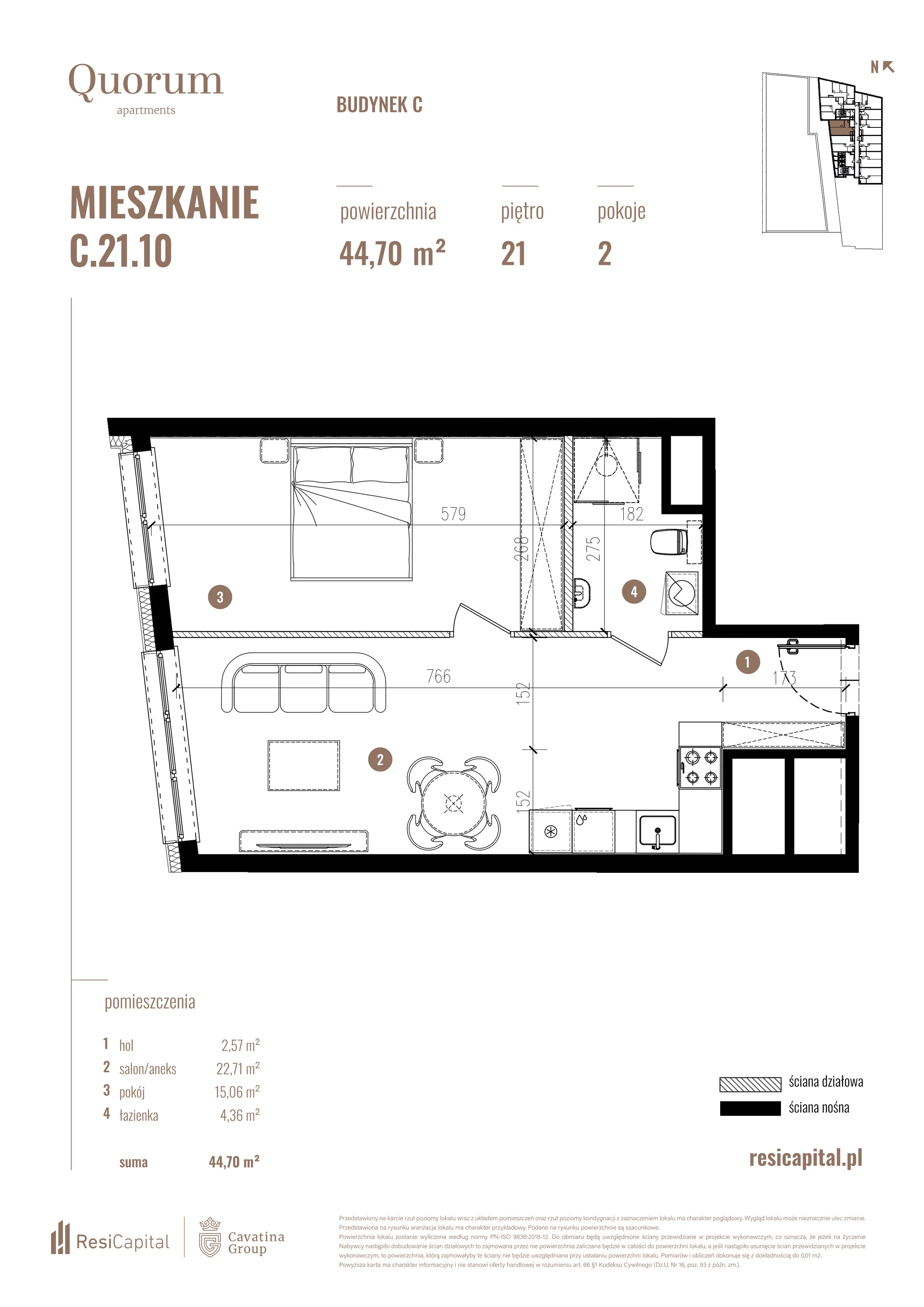 Mieszkanie 44,70 m², piętro 21, oferta nr C.21.10, Quorum Apartments, Wrocław, Szczepin, ul. Gen. Władysława Sikorskiego 13