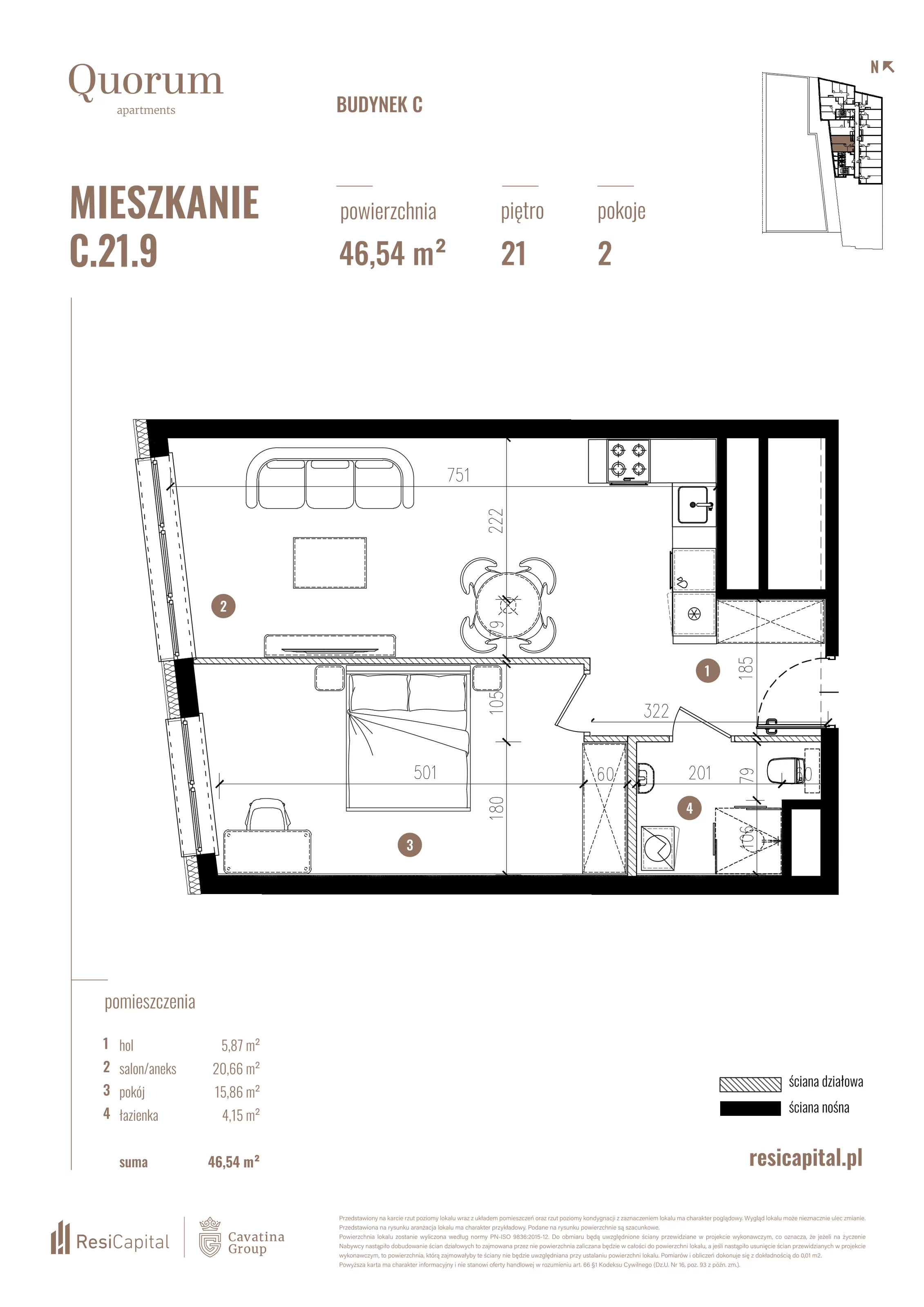 Mieszkanie 46,54 m², piętro 21, oferta nr C.21.9, Quorum Apartments, Wrocław, Szczepin, ul. Gen. Władysława Sikorskiego 13