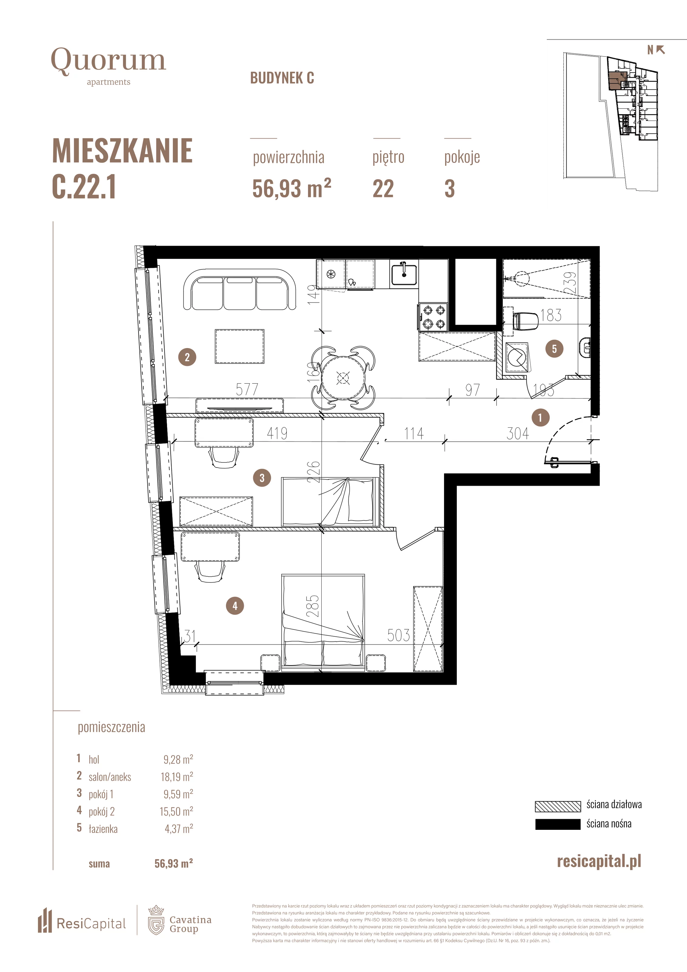 3 pokoje, mieszkanie 56,93 m², piętro 22, oferta nr C.22.1, Quorum Apartments, Wrocław, Szczepin, ul. Gen. Władysława Sikorskiego 13
