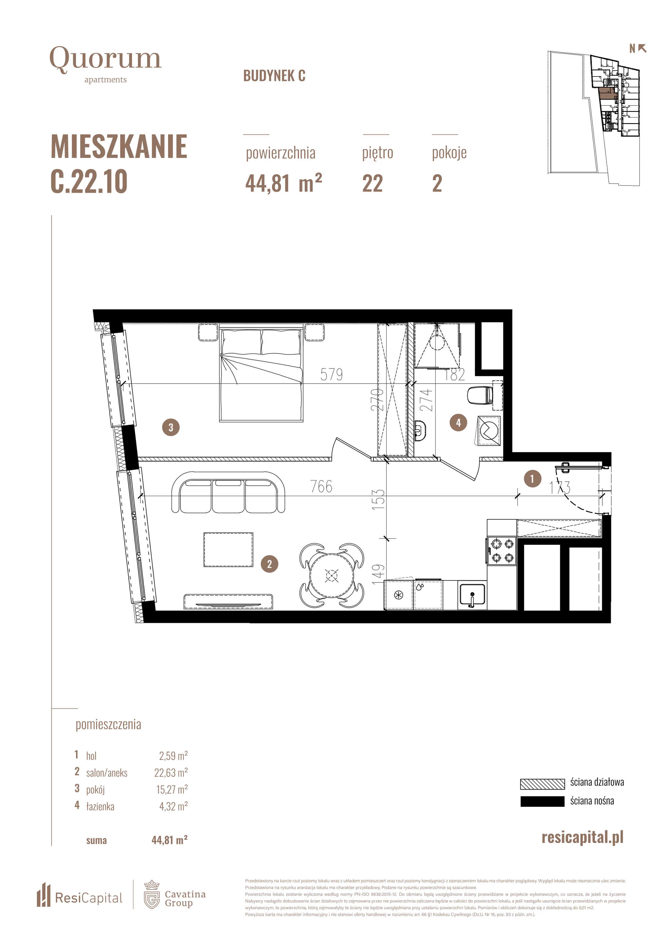 Mieszkanie 44,81 m², piętro 22, oferta nr C.22.10, Quorum Apartments, Wrocław, Szczepin, ul. Gen. Władysława Sikorskiego 13