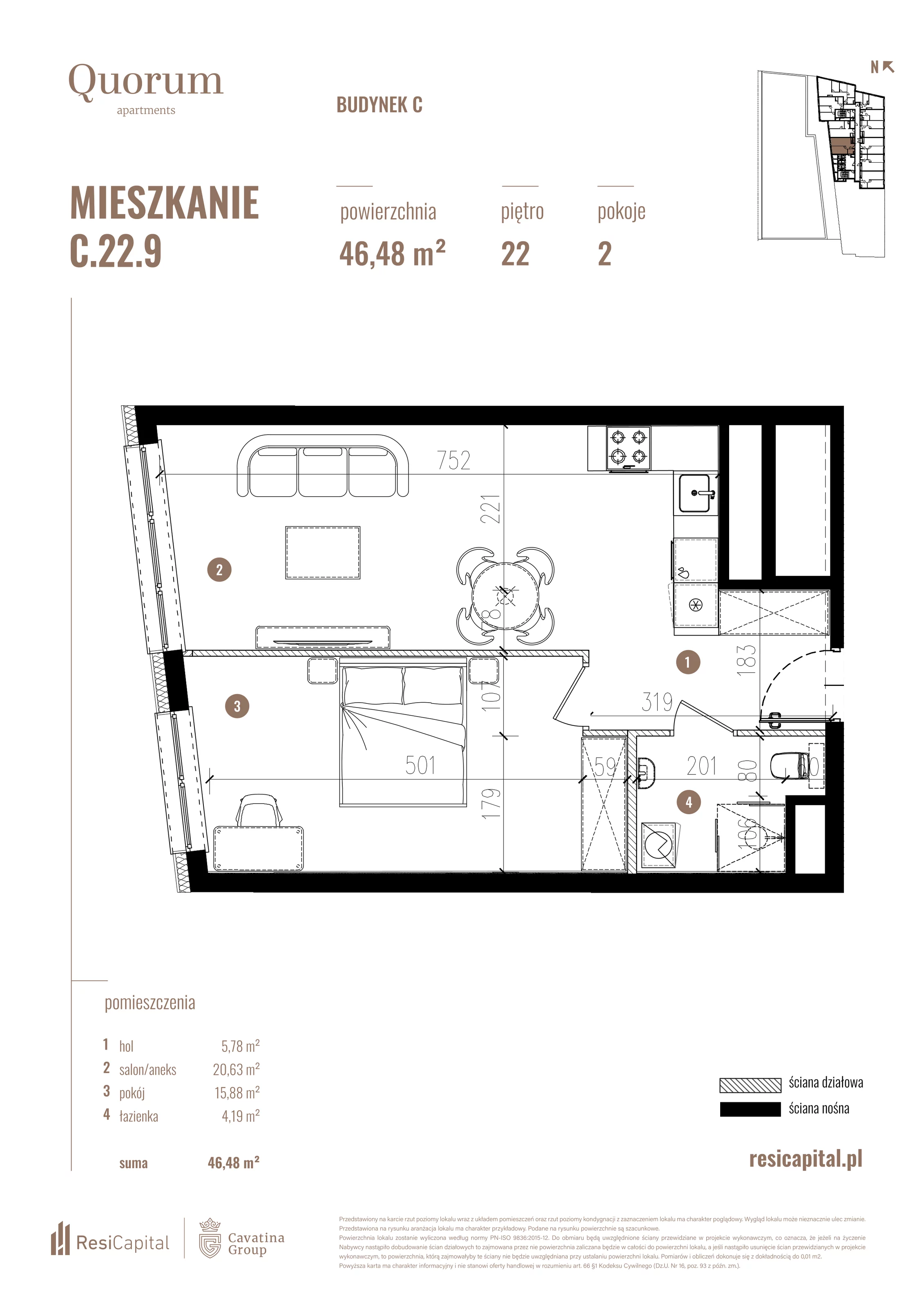 Mieszkanie 46,48 m², piętro 22, oferta nr C.22.9, Quorum Apartments, Wrocław, Szczepin, ul. Gen. Władysława Sikorskiego 13