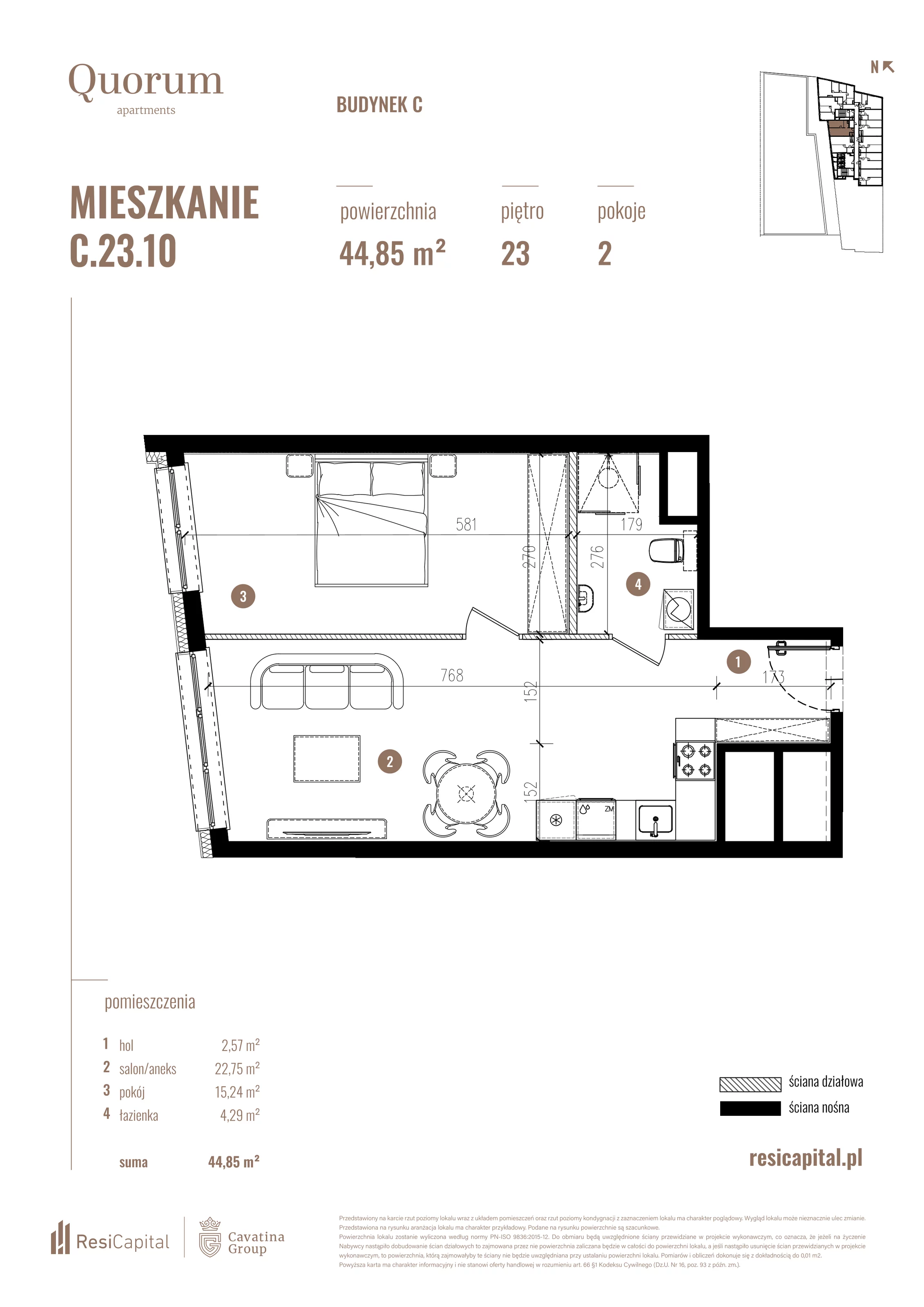 Mieszkanie 44,85 m², piętro 23, oferta nr C.23.10, Quorum Apartments, Wrocław, Szczepin, ul. Gen. Władysława Sikorskiego 13