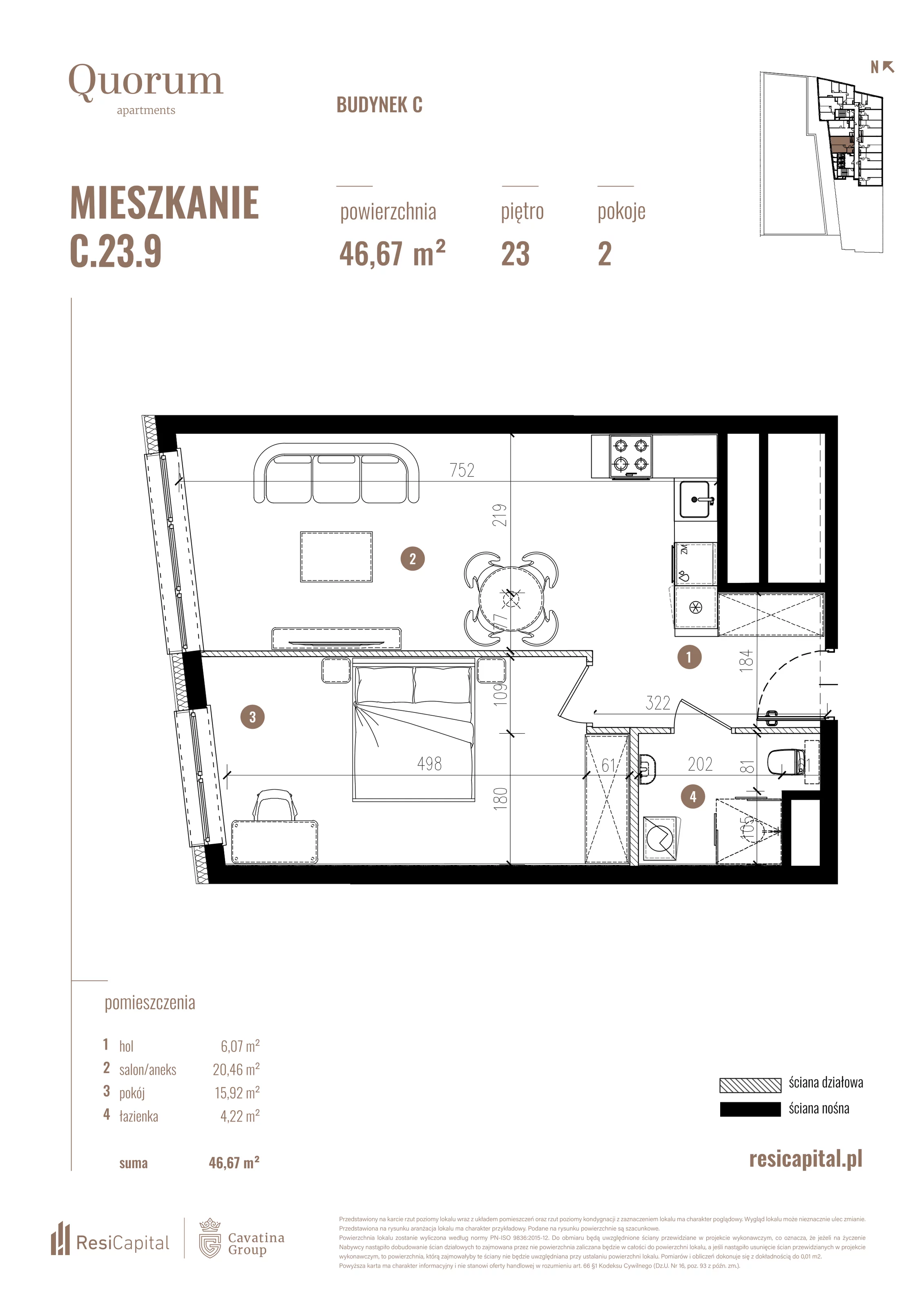 Mieszkanie 46,67 m², piętro 23, oferta nr C.23.9, Quorum Apartments, Wrocław, Szczepin, ul. Gen. Władysława Sikorskiego 13