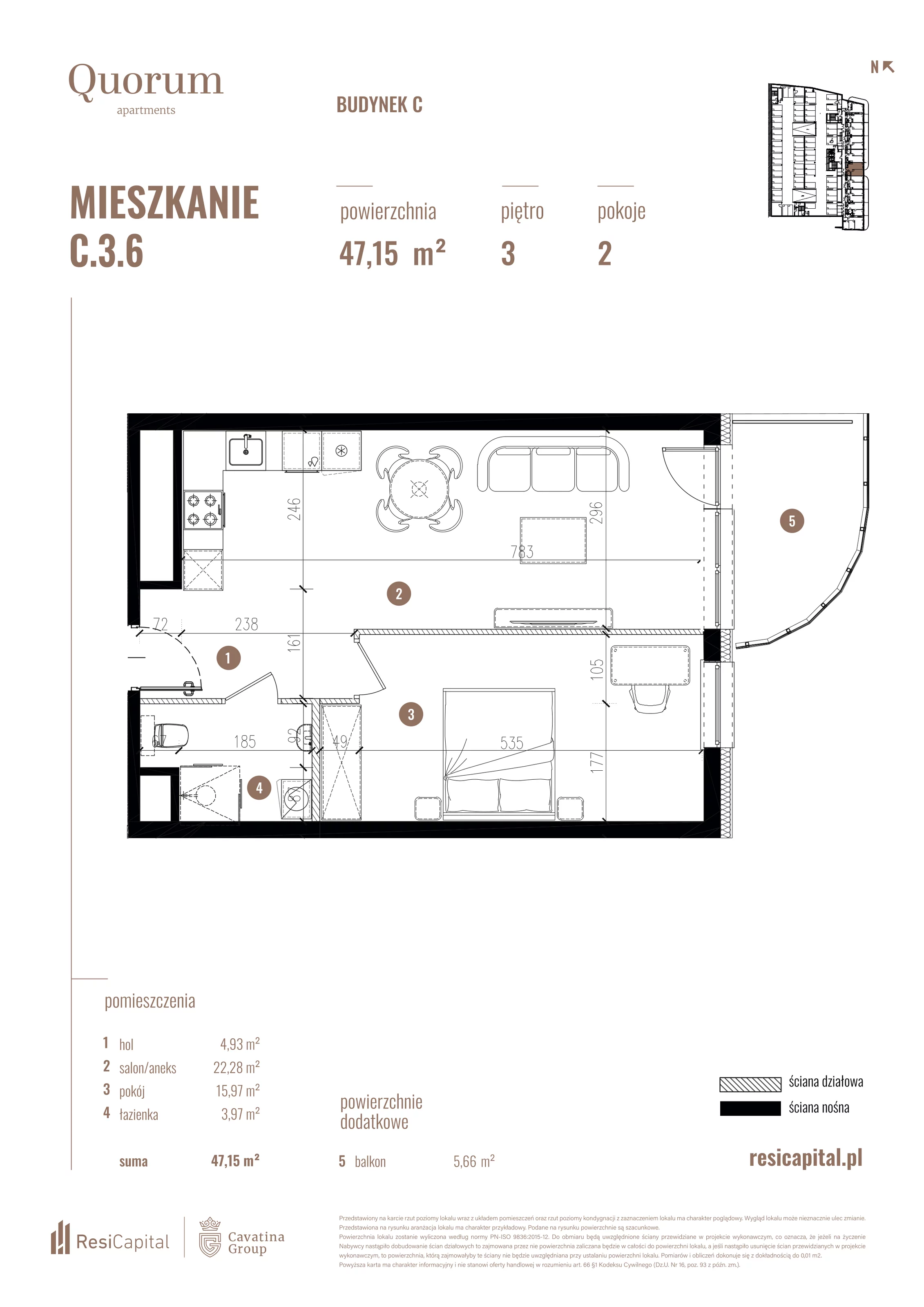 Mieszkanie 47,15 m², piętro 3, oferta nr C.3.6, Quorum Apartments, Wrocław, Szczepin, ul. Gen. Władysława Sikorskiego 13