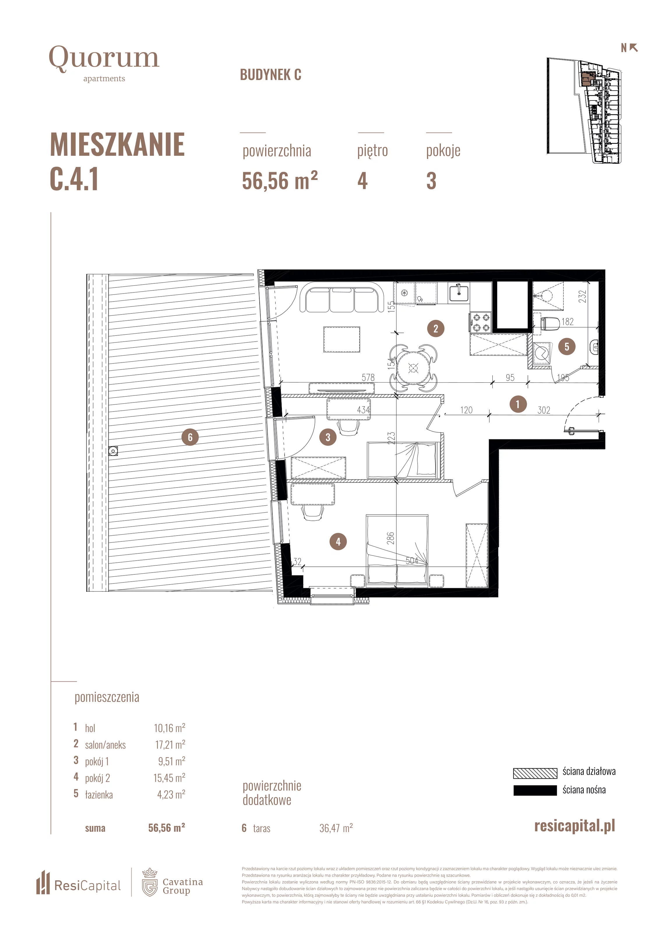 3 pokoje, mieszkanie 56,56 m², piętro 4, oferta nr C.4.1, Quorum Apartments, Wrocław, Szczepin, ul. Gen. Władysława Sikorskiego 13