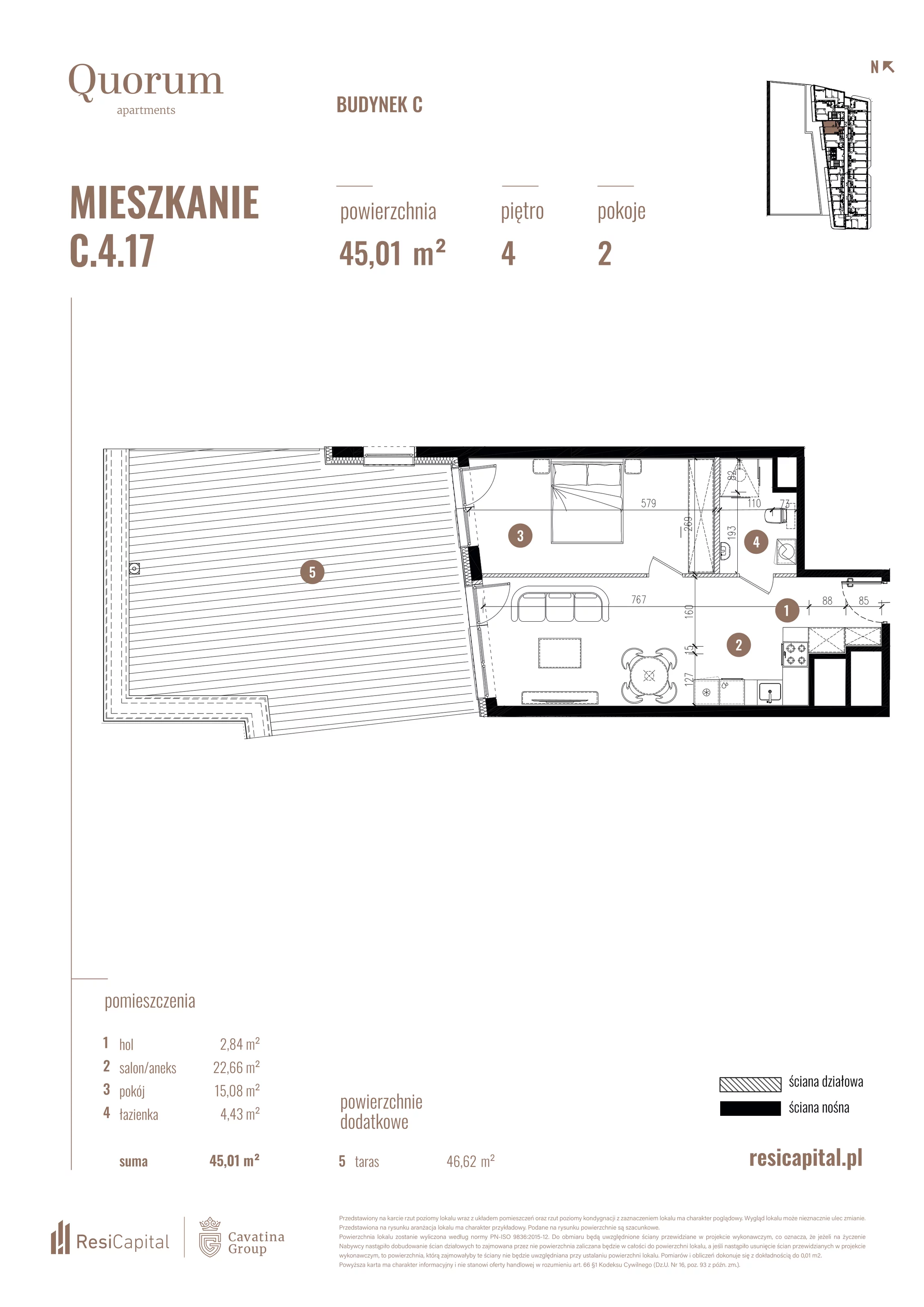 Mieszkanie 45,01 m², piętro 4, oferta nr C.4.17, Quorum Apartments, Wrocław, Szczepin, ul. Gen. Władysława Sikorskiego 13