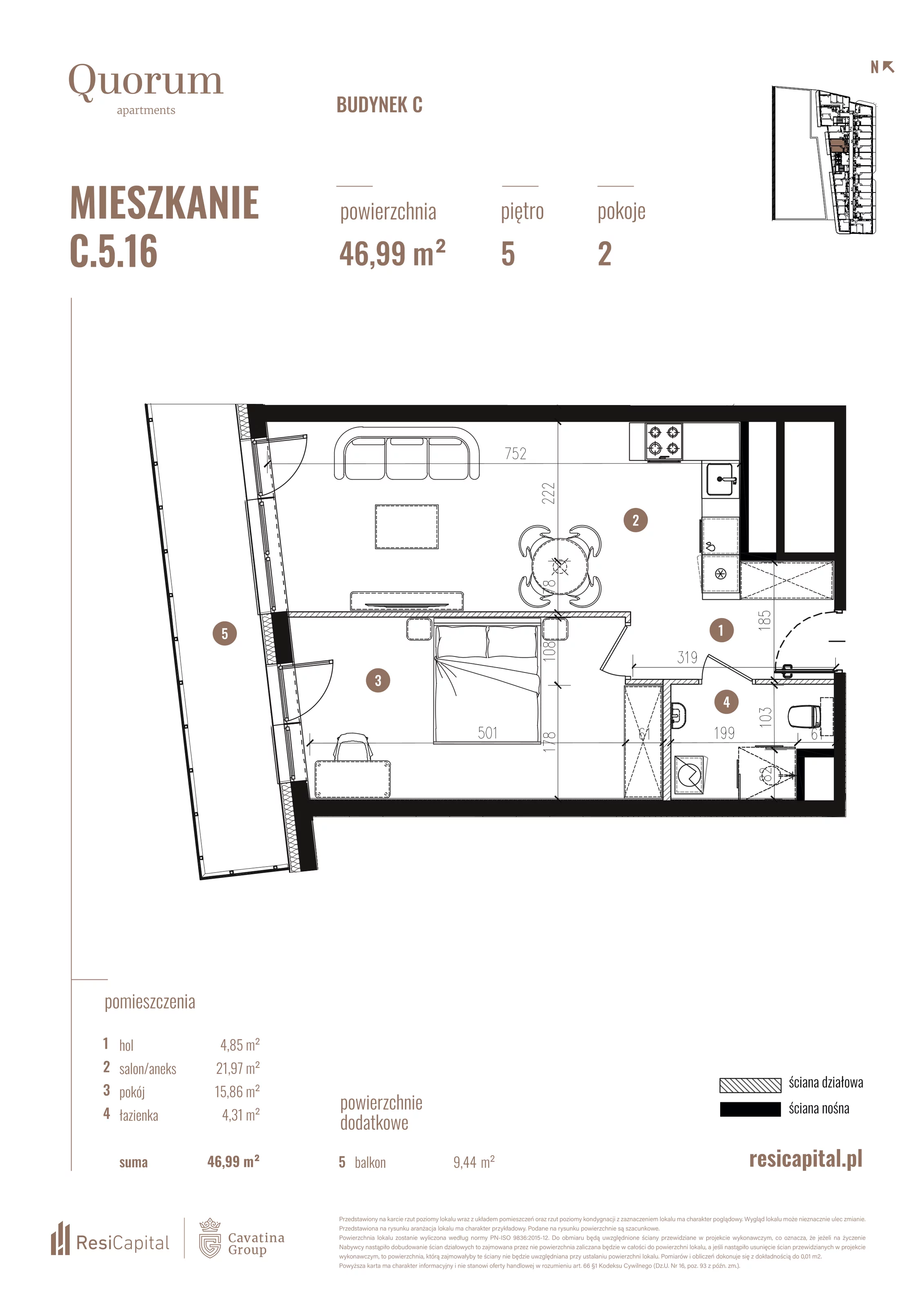 Mieszkanie 46,99 m², piętro 5, oferta nr C.5.16, Quorum Apartments, Wrocław, Szczepin, ul. Gen. Władysława Sikorskiego 13