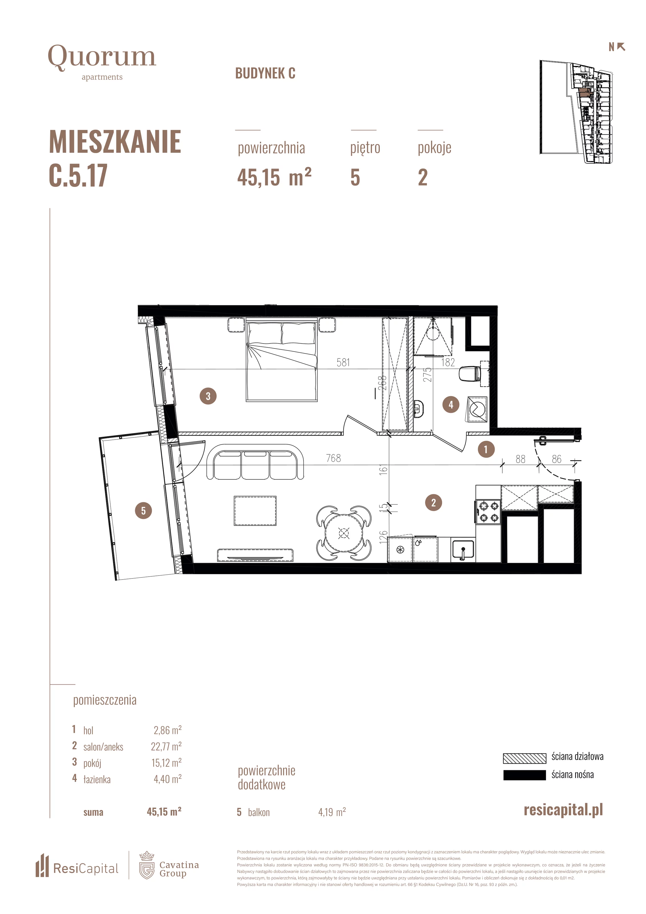 Mieszkanie 45,15 m², piętro 5, oferta nr C.5.17, Quorum Apartments, Wrocław, Szczepin, ul. Gen. Władysława Sikorskiego 13