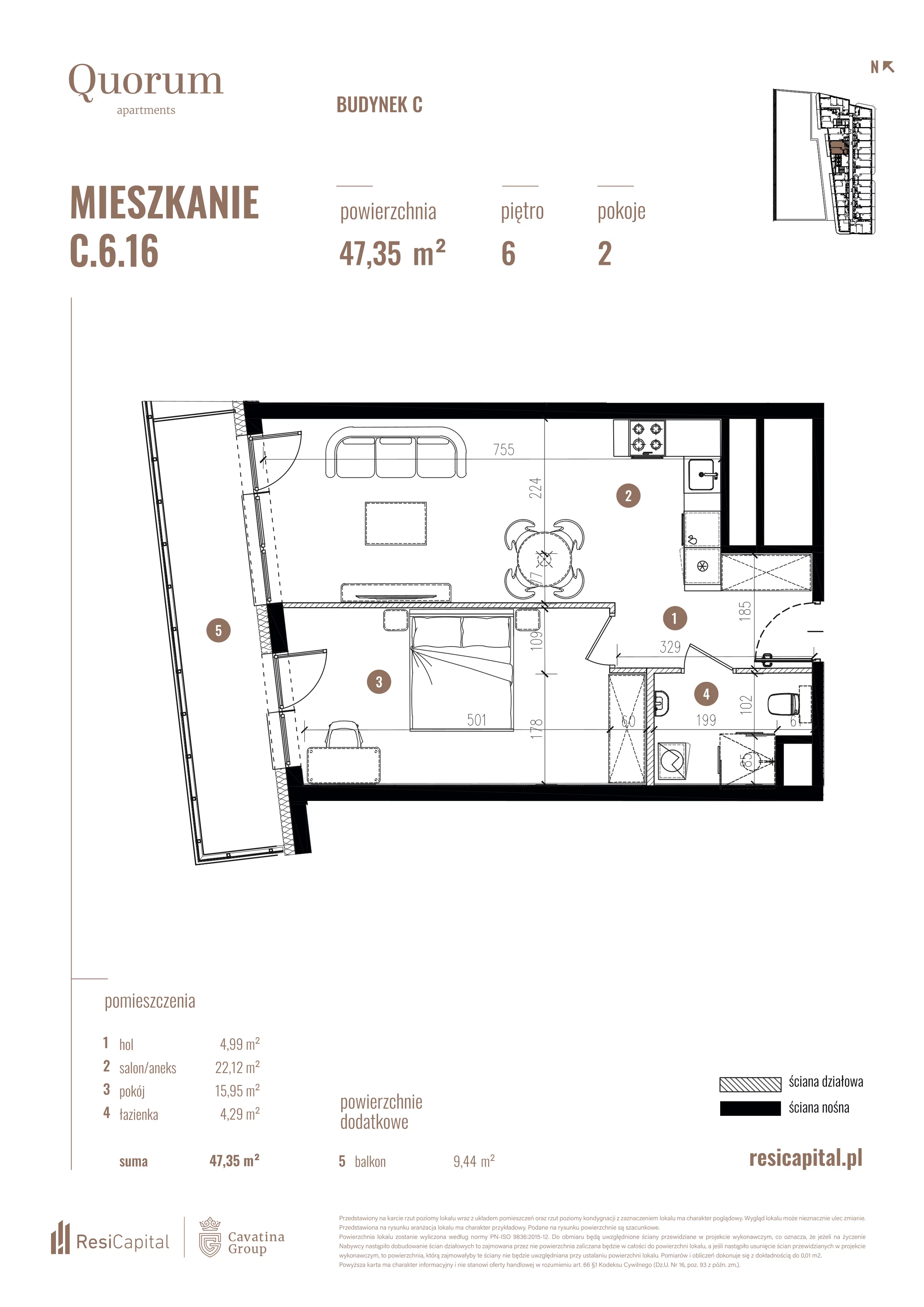 Mieszkanie 47,35 m², piętro 6, oferta nr C.6.16, Quorum Apartments, Wrocław, Szczepin, ul. Gen. Władysława Sikorskiego 13