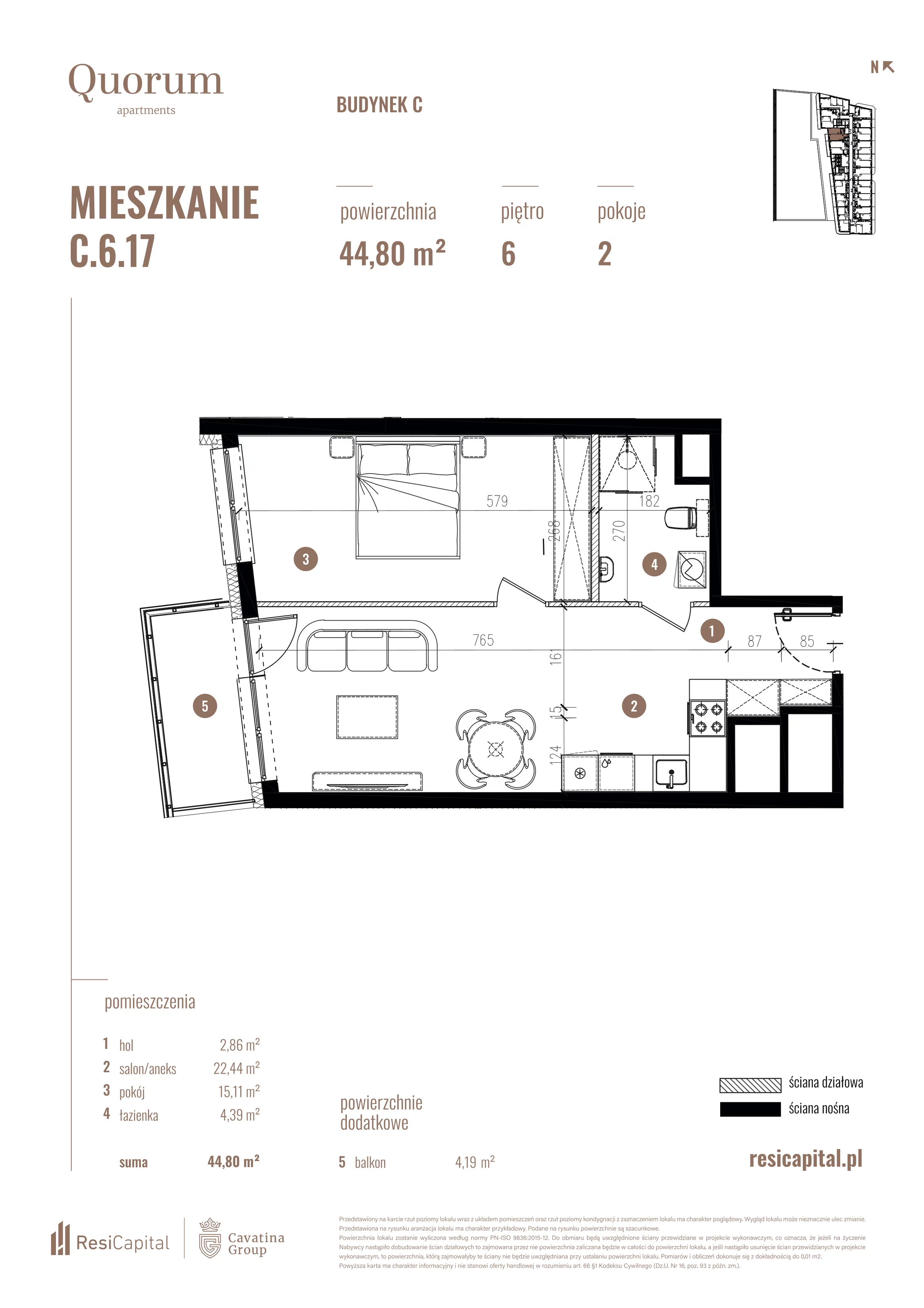 Mieszkanie 44,80 m², piętro 6, oferta nr C.6.17, Quorum Apartments, Wrocław, Szczepin, ul. Gen. Władysława Sikorskiego 13