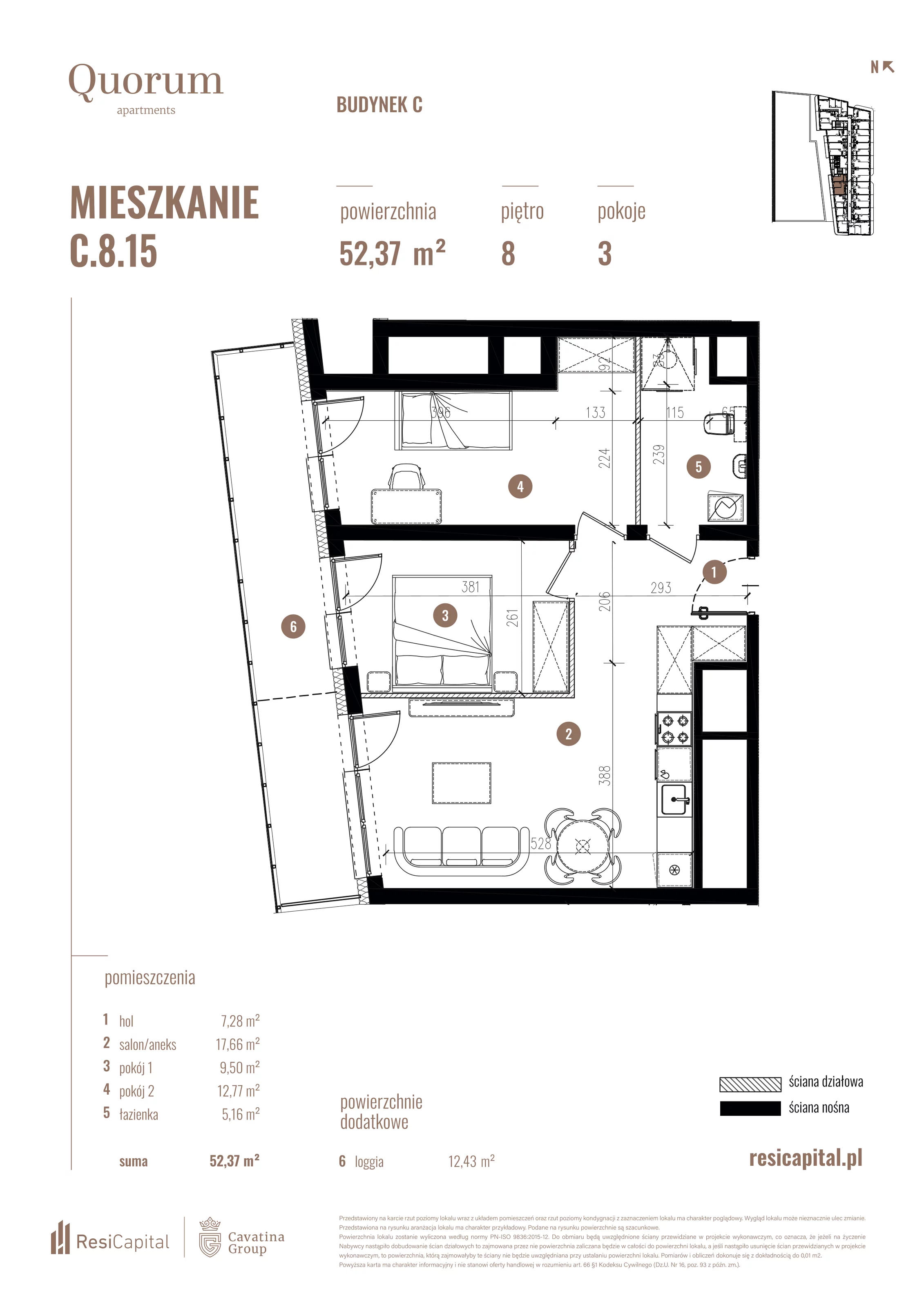 3 pokoje, mieszkanie 52,37 m², piętro 8, oferta nr C.8.15, Quorum Apartments, Wrocław, Szczepin, ul. Gen. Władysława Sikorskiego 13