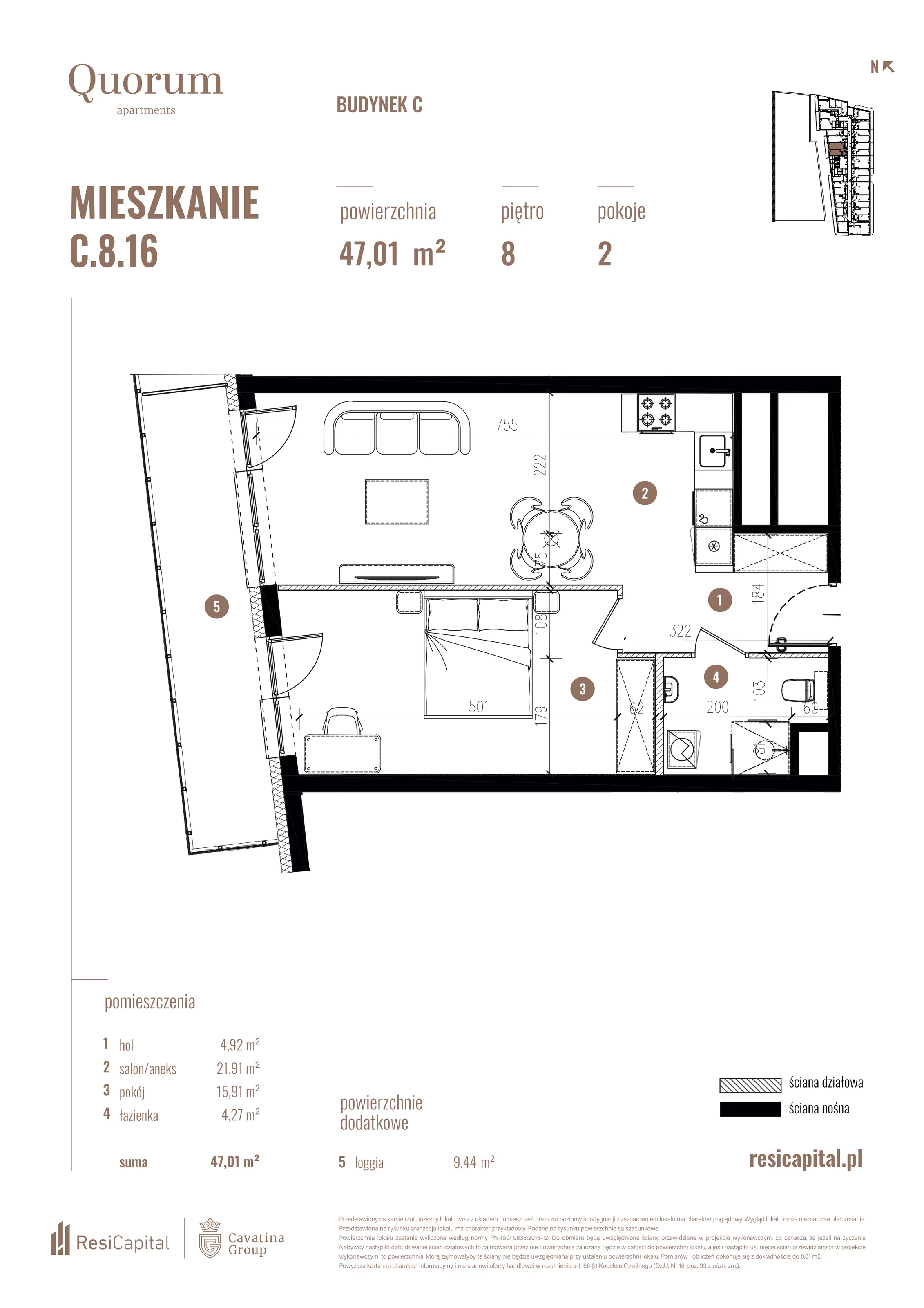 Mieszkanie 47,01 m², piętro 8, oferta nr C.8.16, Quorum Apartments, Wrocław, Szczepin, ul. Gen. Władysława Sikorskiego 13