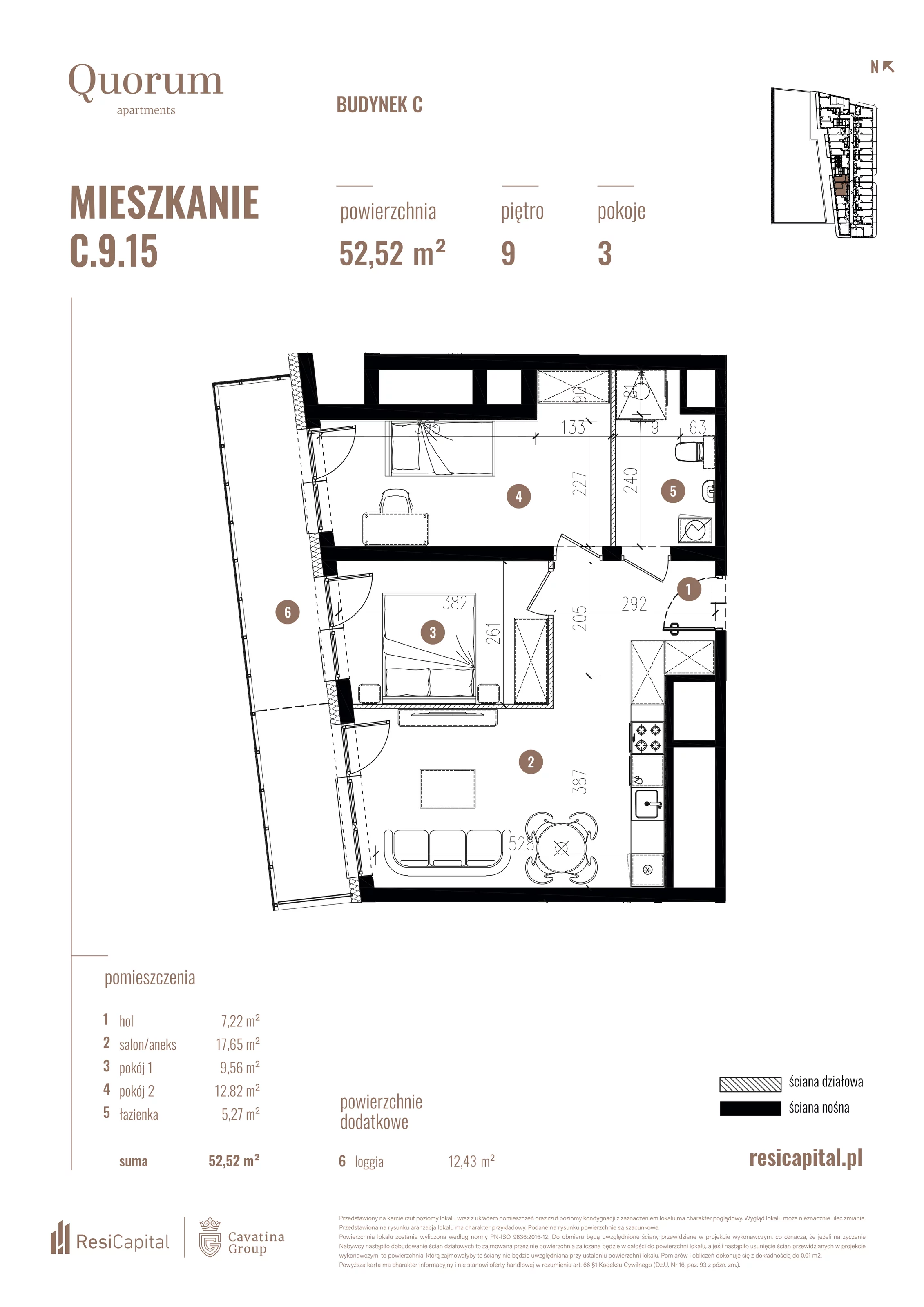 2 pokoje, mieszkanie 52,52 m², piętro 9, oferta nr C.9.15, Quorum Apartments, Wrocław, Szczepin, ul. Gen. Władysława Sikorskiego 13
