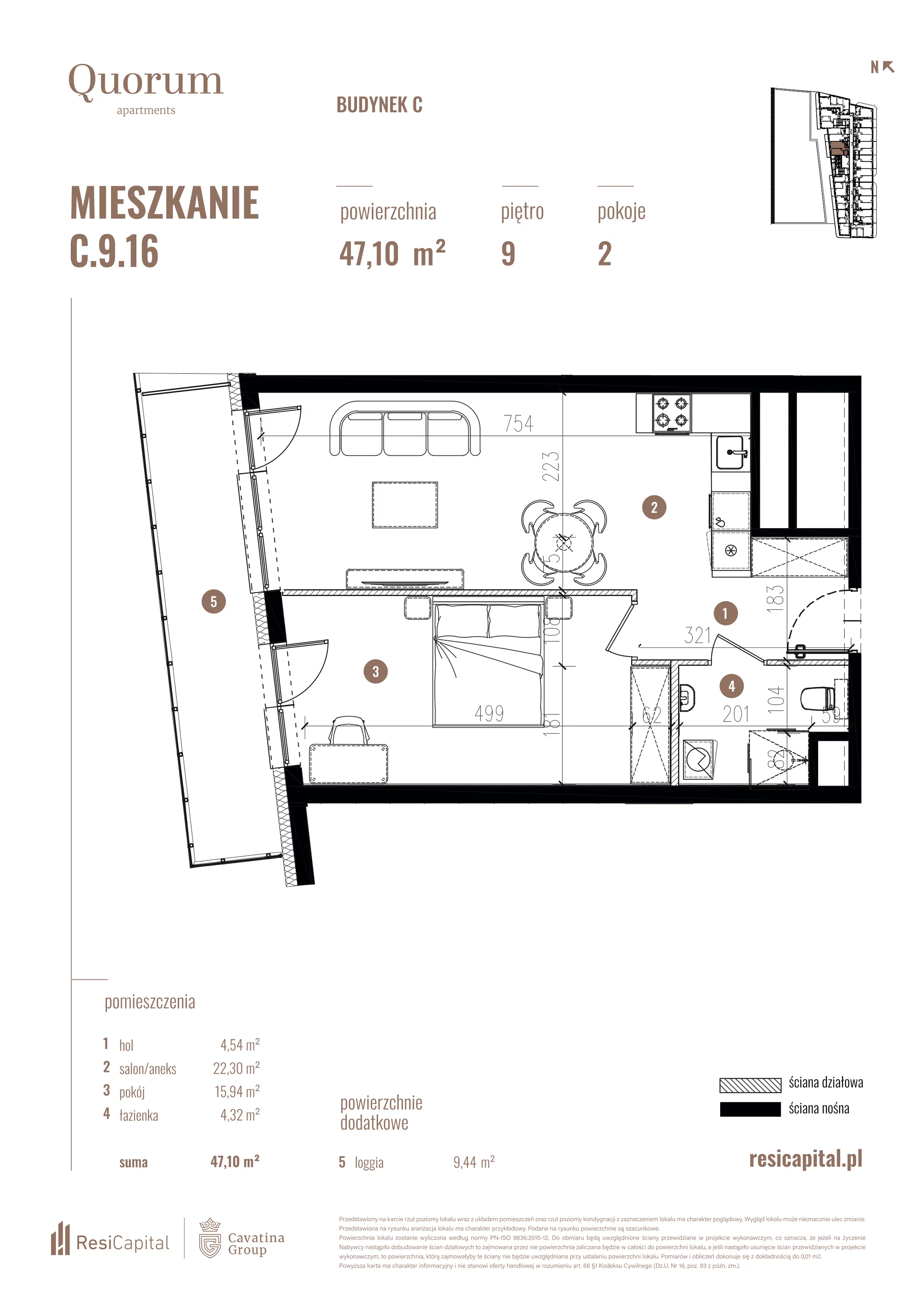 Mieszkanie 47,10 m², piętro 9, oferta nr C.9.16, Quorum Apartments, Wrocław, Szczepin, ul. Gen. Władysława Sikorskiego 13