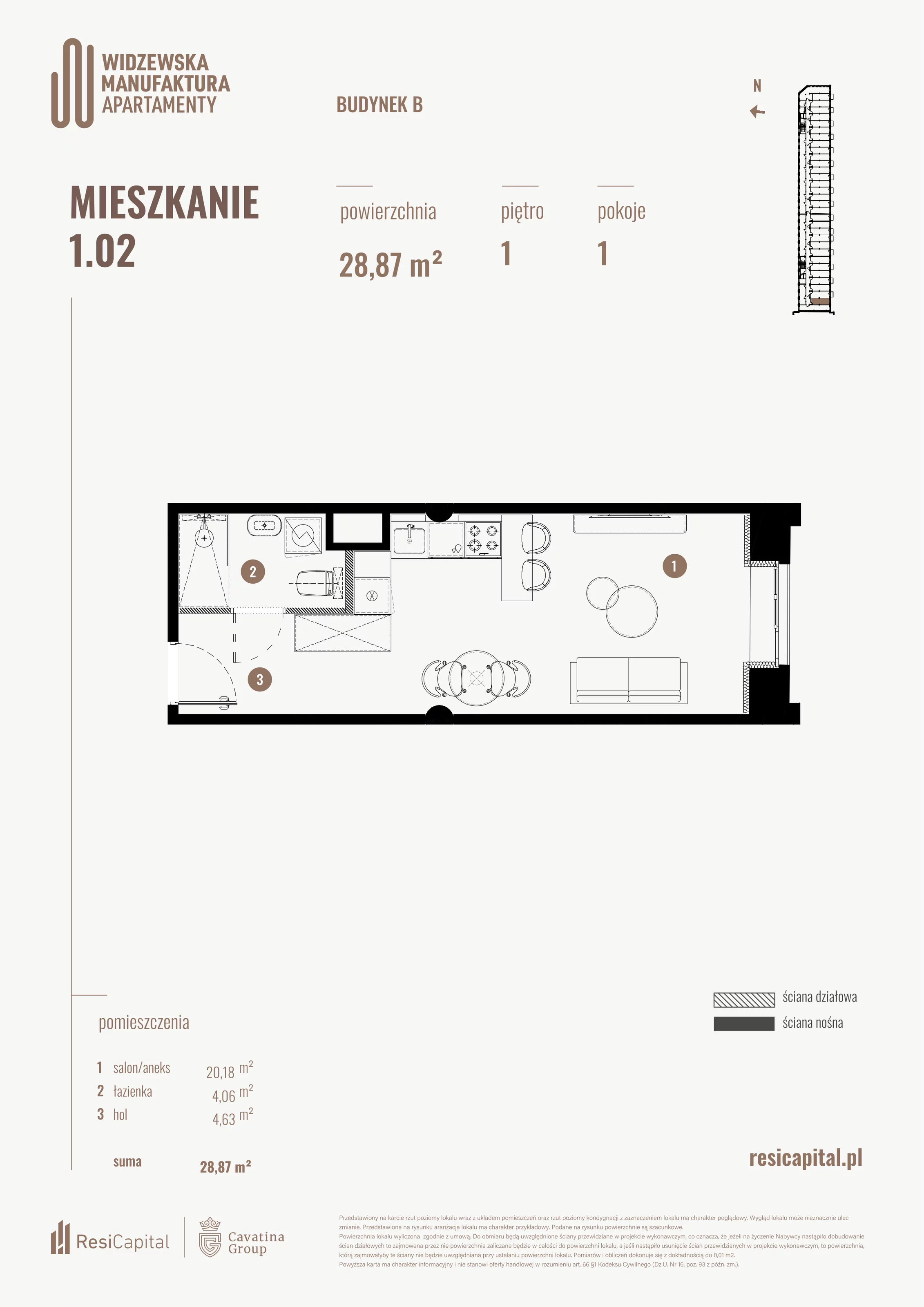 1 pokój, mieszkanie 28,87 m², piętro 1, oferta nr B.01.02, Wima Apartments, Łódź, Widzew, Stary Widzew, al. Piłsudskiego 135
