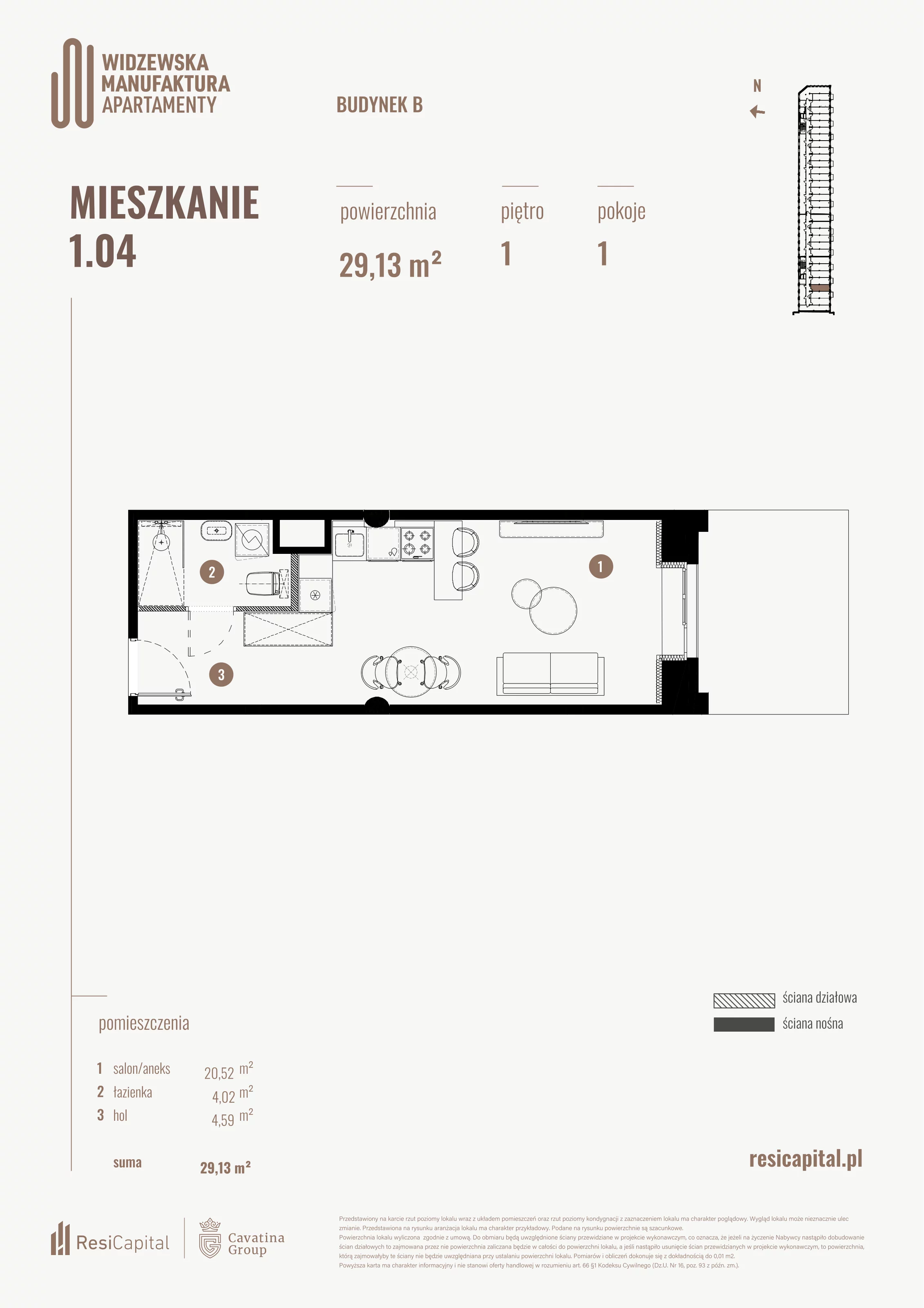 1 pokój, mieszkanie 29,13 m², piętro 1, oferta nr B.01.04, Wima Apartments, Łódź, Widzew, Stary Widzew, al. Piłsudskiego 135