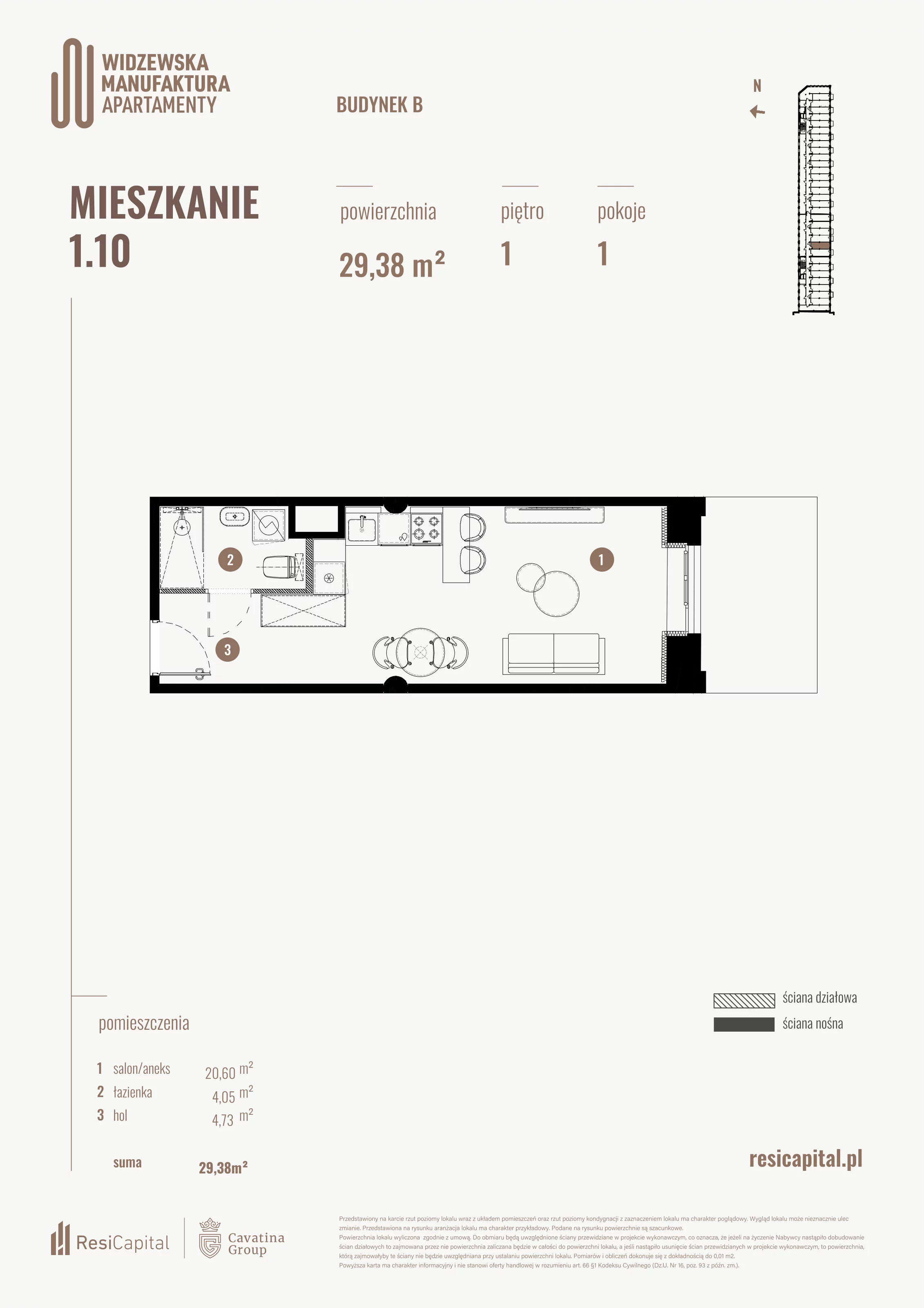 1 pokój, mieszkanie 29,38 m², piętro 1, oferta nr B.01.10, Wima Apartments, Łódź, Widzew, Stary Widzew, al. Piłsudskiego 135