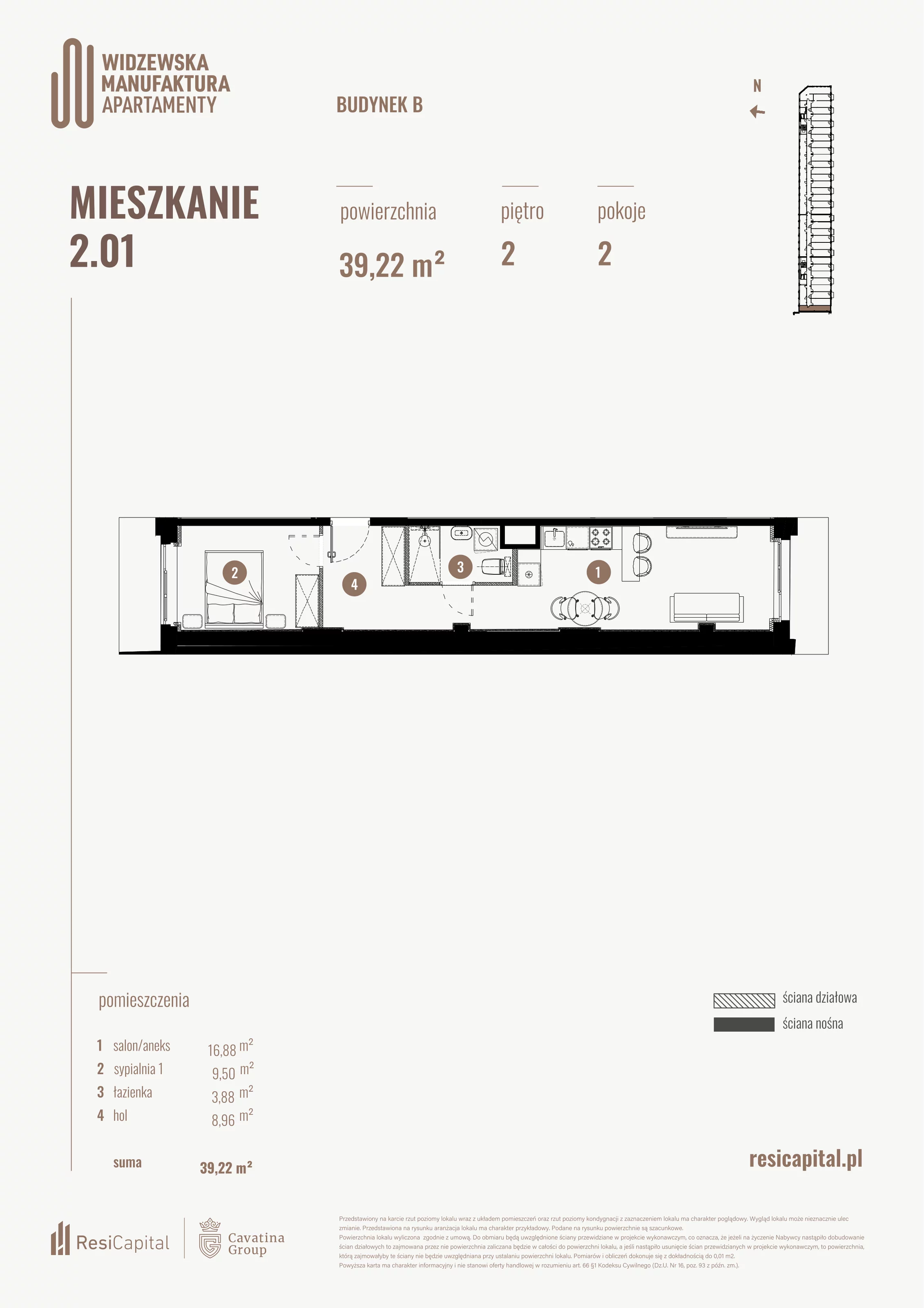 2 pokoje, mieszkanie 39,22 m², piętro 2, oferta nr B.02.01, Wima Apartments, Łódź, Widzew, Stary Widzew, al. Piłsudskiego 135