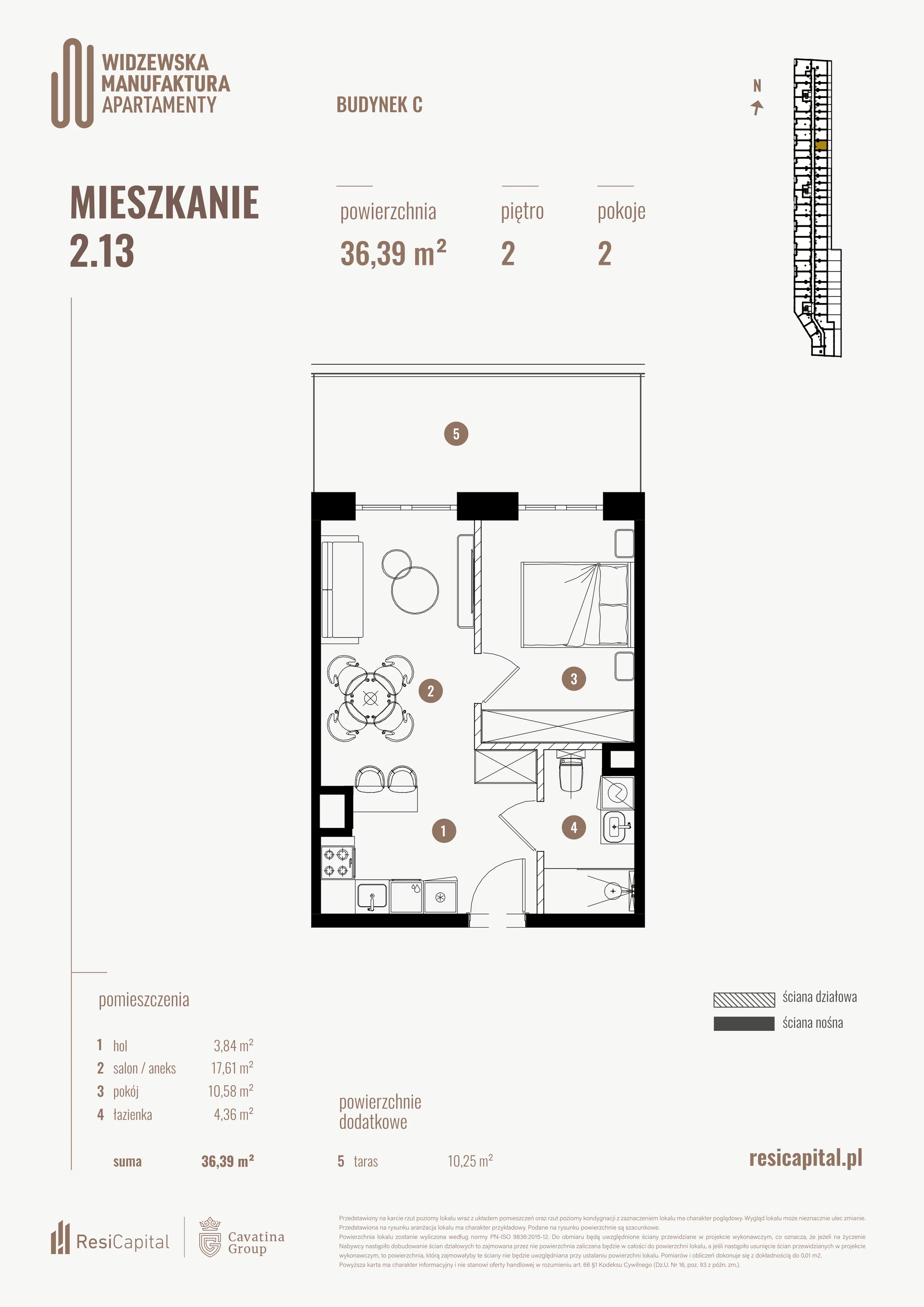 2 pokoje, mieszkanie 36,39 m², piętro 2, oferta nr 2.13., Wima Apartments, Łódź, Widzew, Stary Widzew, al. Piłsudskiego 135