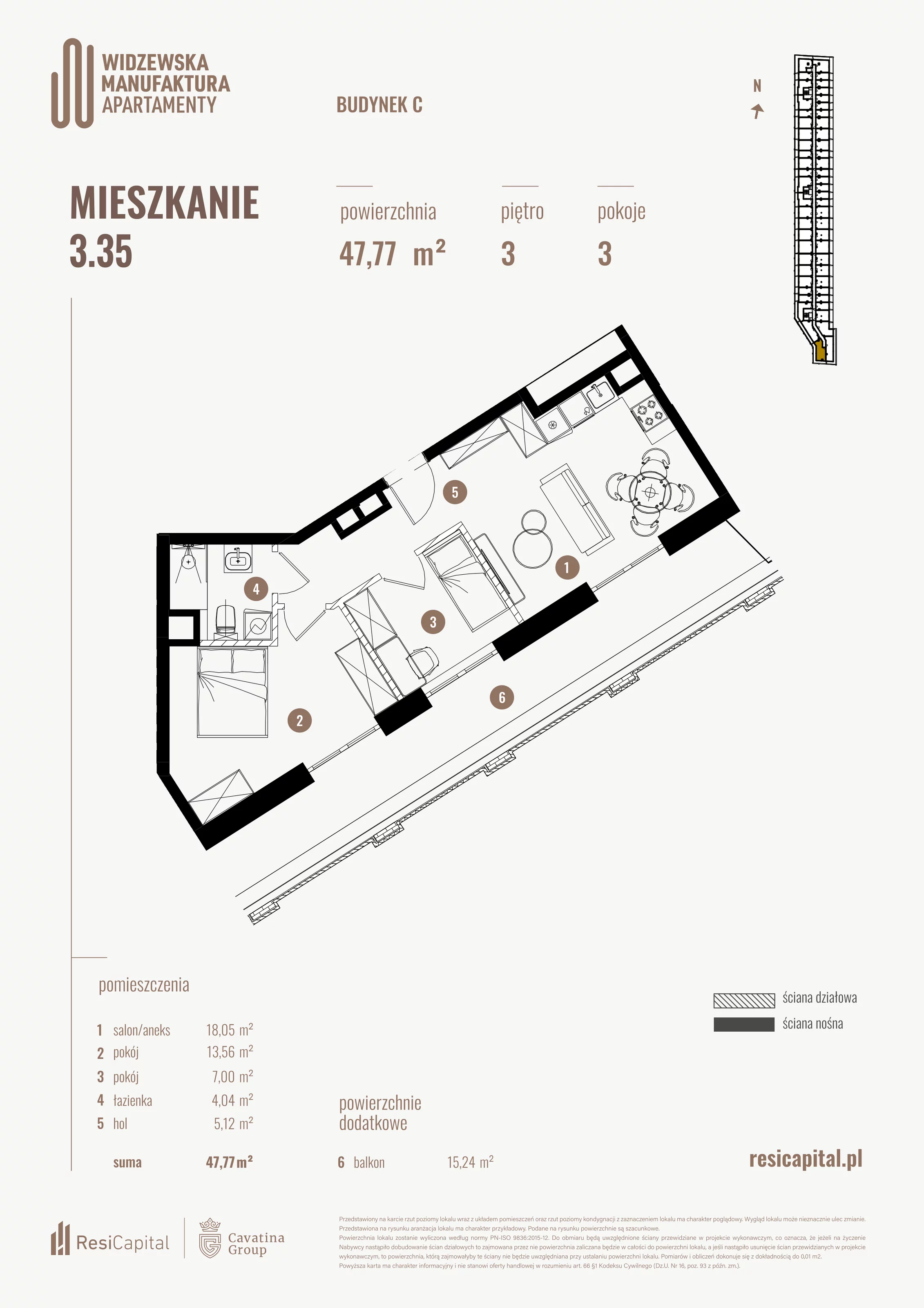 3 pokoje, mieszkanie 47,77 m², piętro 3, oferta nr 3.35., Wima Apartments, Łódź, Widzew, Stary Widzew, al. Piłsudskiego 135