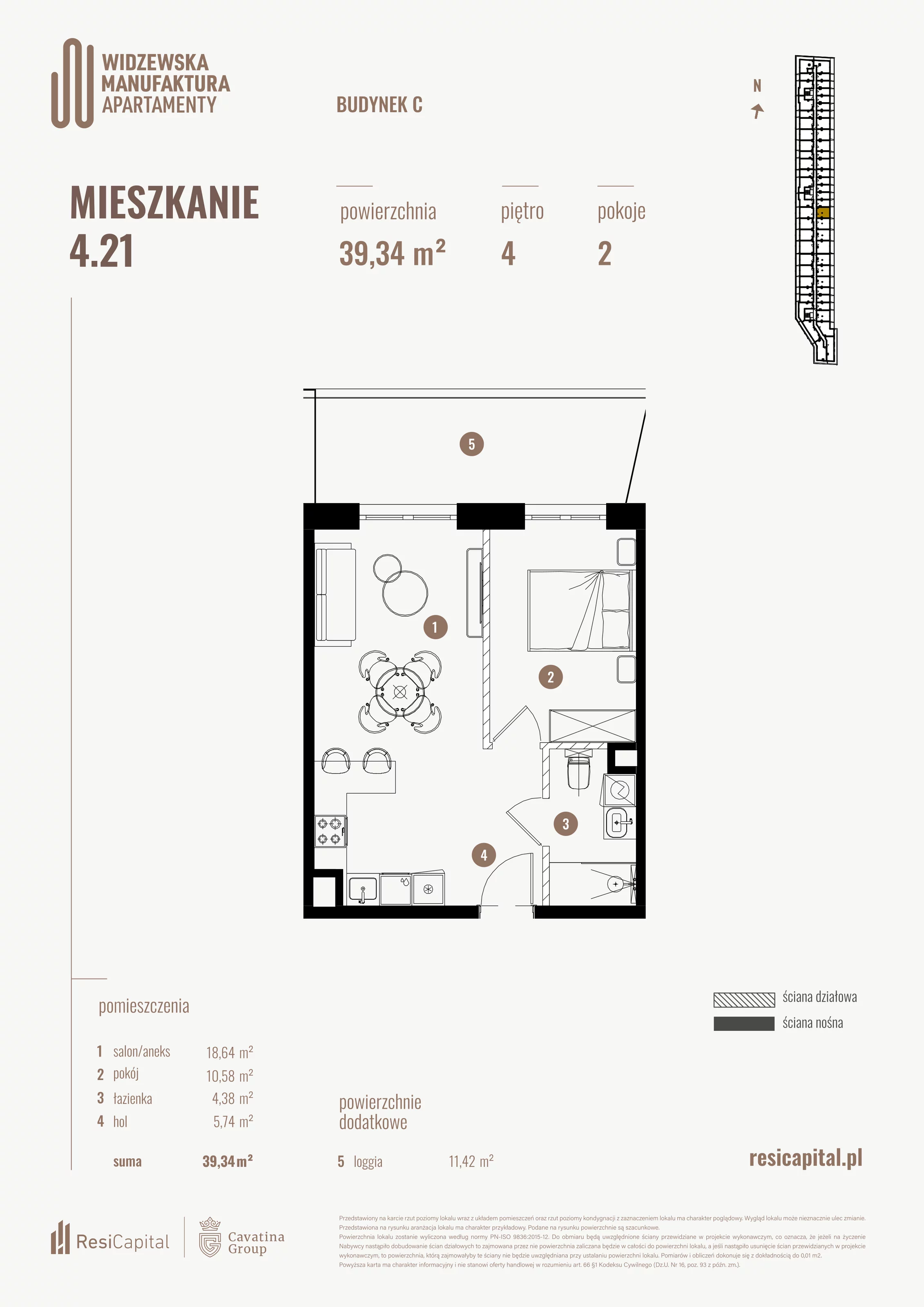 2 pokoje, mieszkanie 39,34 m², piętro 4, oferta nr 4.21., Wima Apartments, Łódź, Widzew, Stary Widzew, al. Piłsudskiego 135