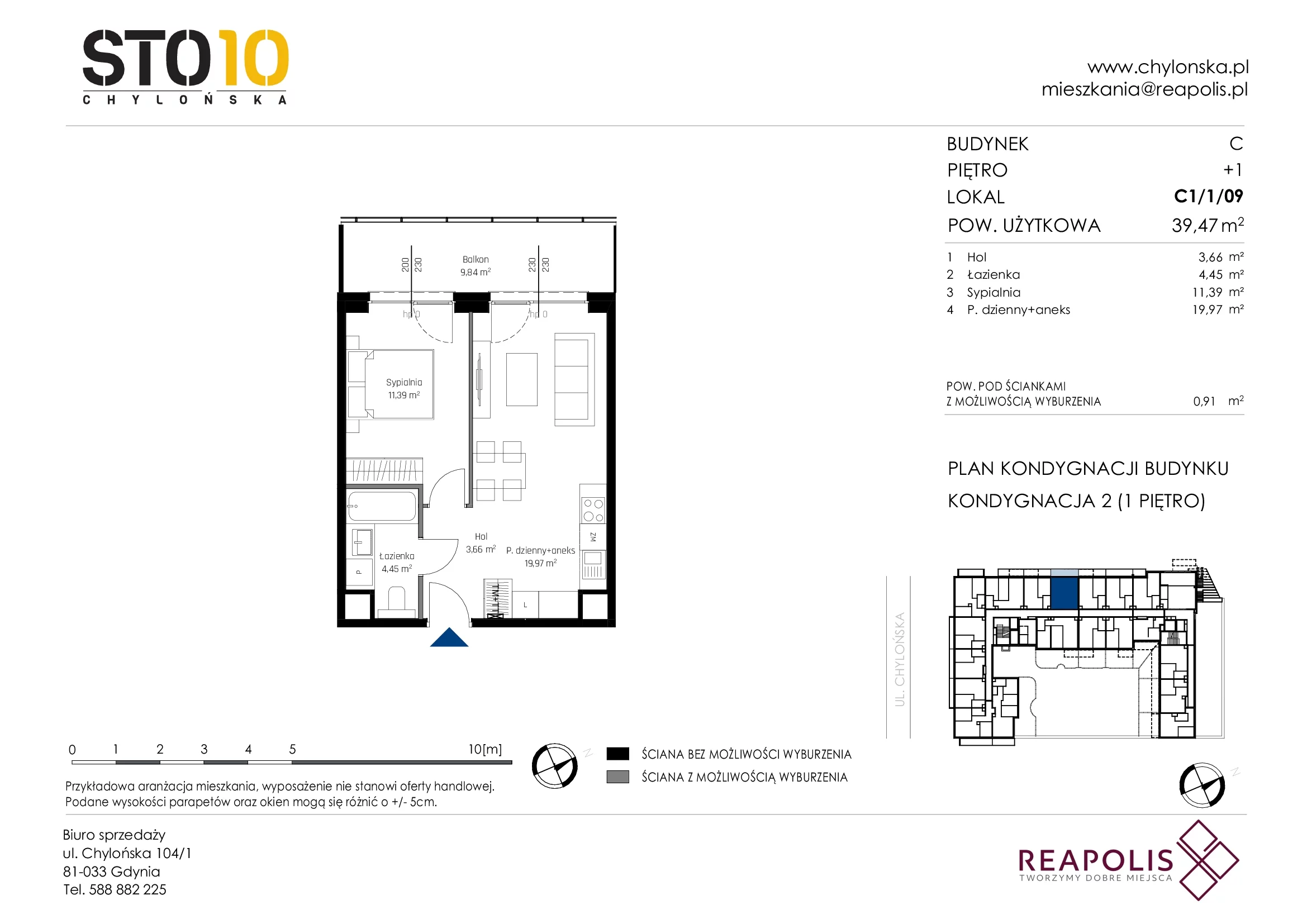 2 pokoje, mieszkanie 39,47 m², piętro 1, oferta nr C1/1/09, STO10 Chylońska, Gdynia, Chylonia, Chylońska 108