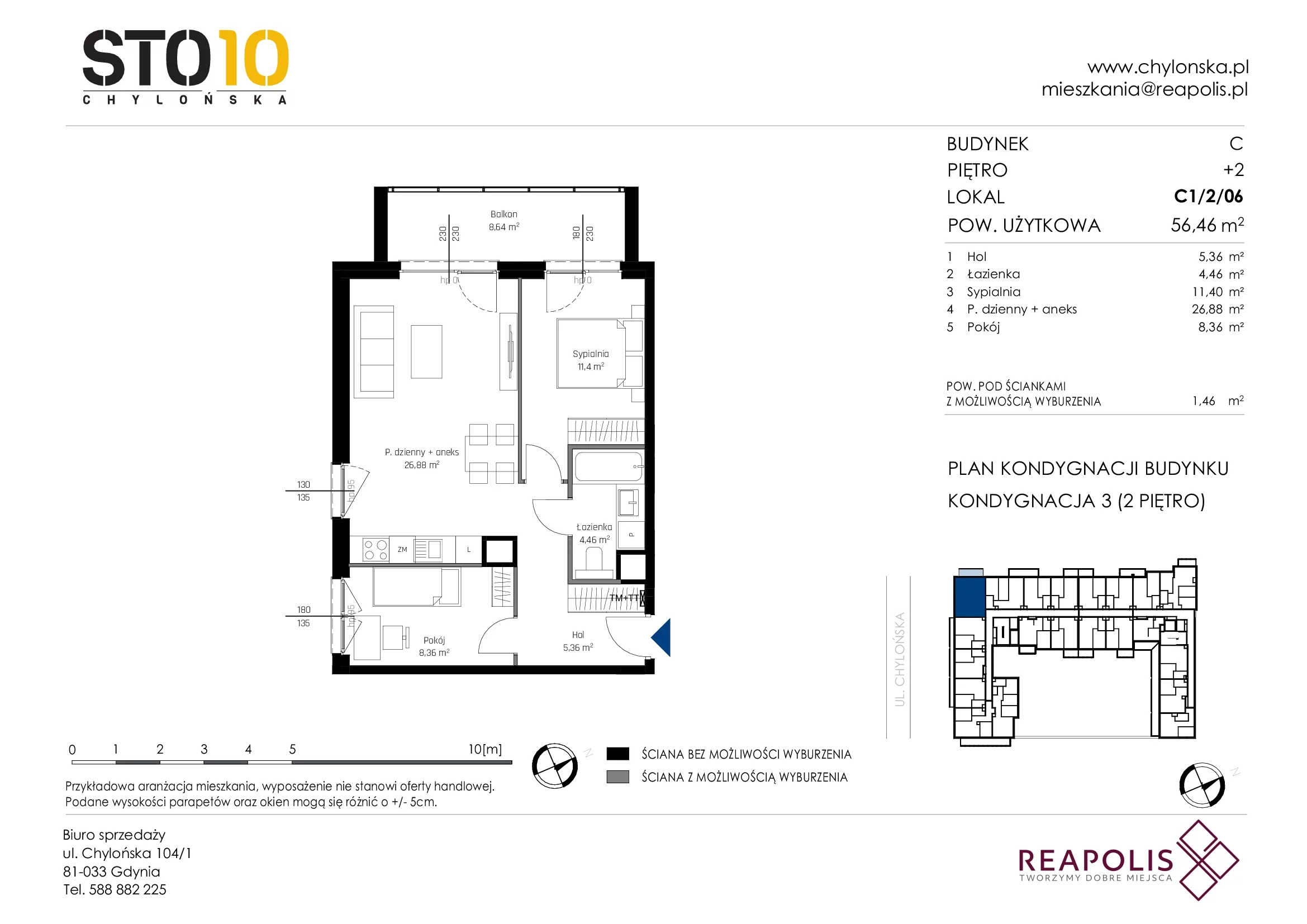 3 pokoje, mieszkanie 56,46 m², piętro 2, oferta nr C1/2/06, STO10 Chylońska, Gdynia, Chylonia, Chylońska 108