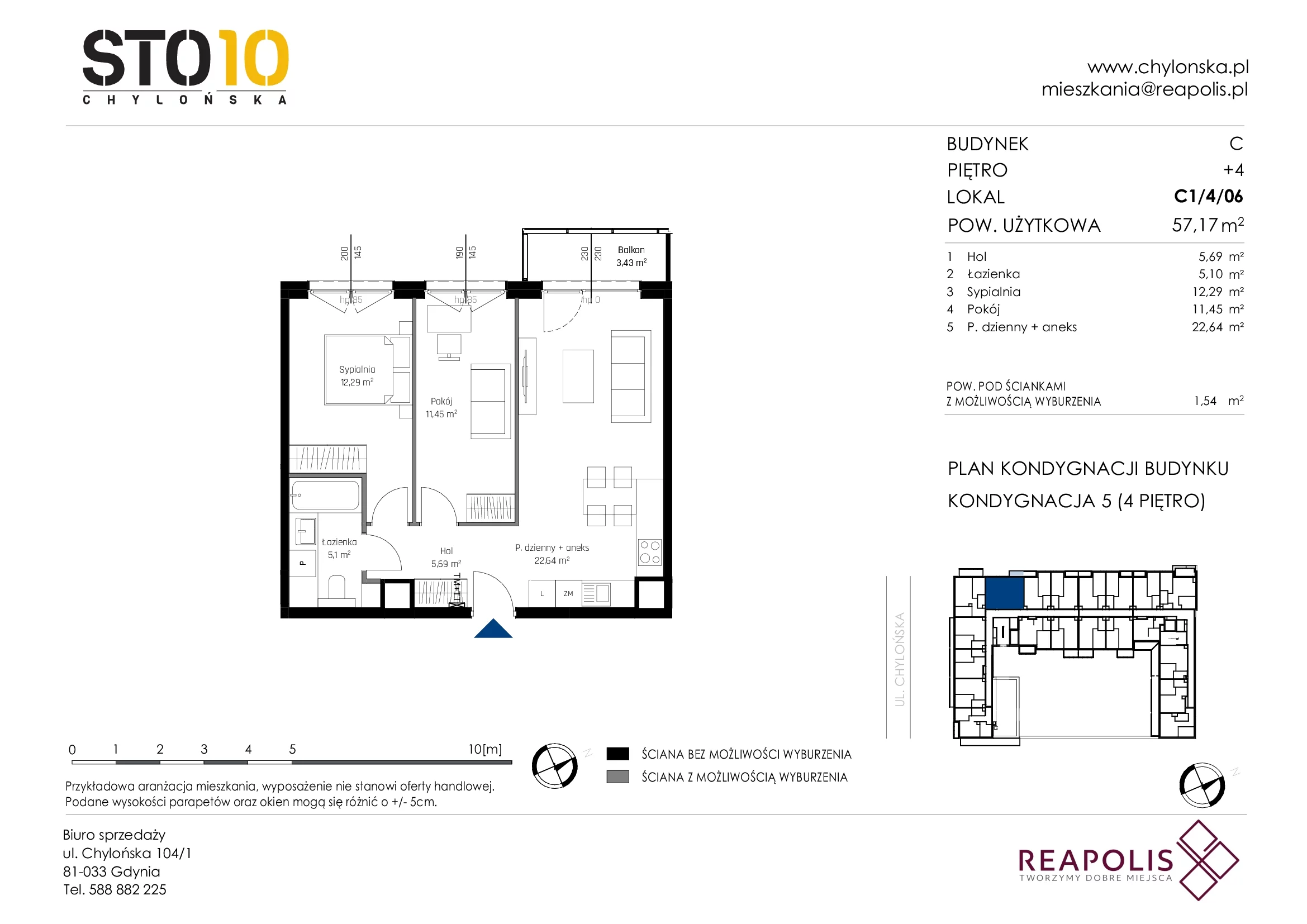 3 pokoje, mieszkanie 57,17 m², piętro 4, oferta nr C1/4/06, STO10 Chylońska, Gdynia, Chylonia, Chylońska 108