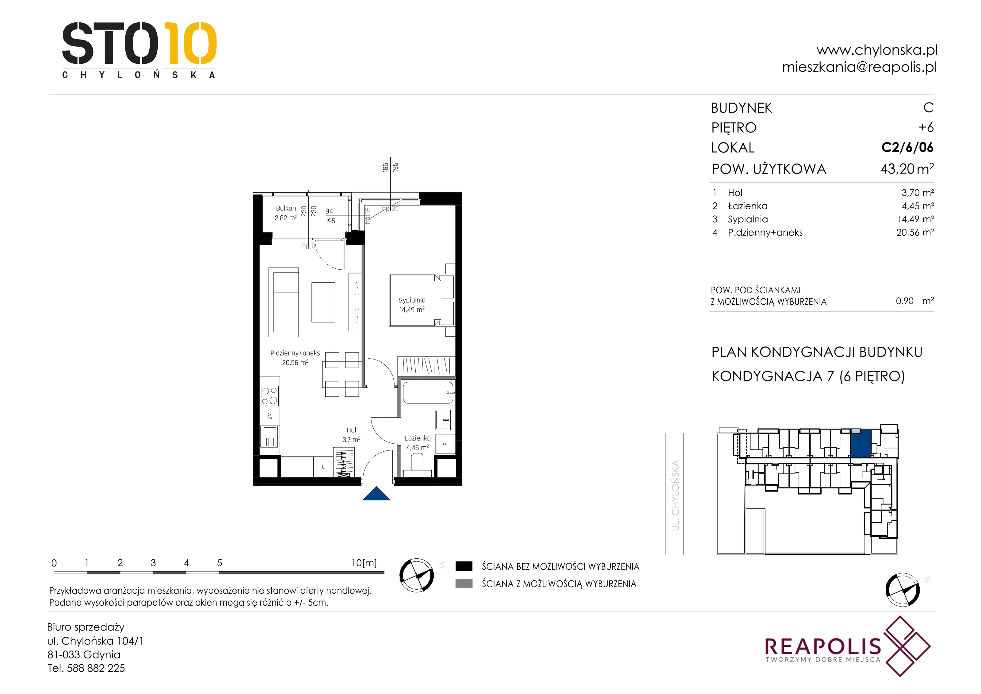 2 pokoje, mieszkanie 43,20 m², piętro 6, oferta nr C2/6/06, STO10 Chylońska, Gdynia, Chylonia, Chylońska 108