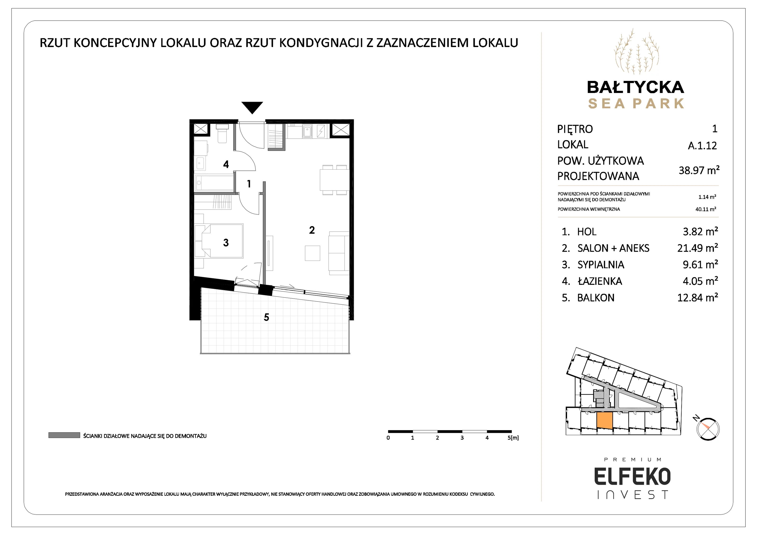 2 pokoje, mieszkanie 38,97 m², piętro 1, oferta nr A.1.12, Bałtycka Sea Park, Krynica Morska, ul. Bałtycka